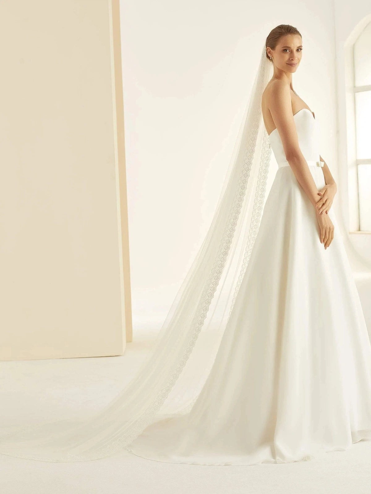 Chapel Length Single Tier Wedding Veil with Lace Edge - Soft Ivory Tulle Bridal Accessory (S352) | Perfect for Traditional Weddings, Bridal Showers & Formal Occasions