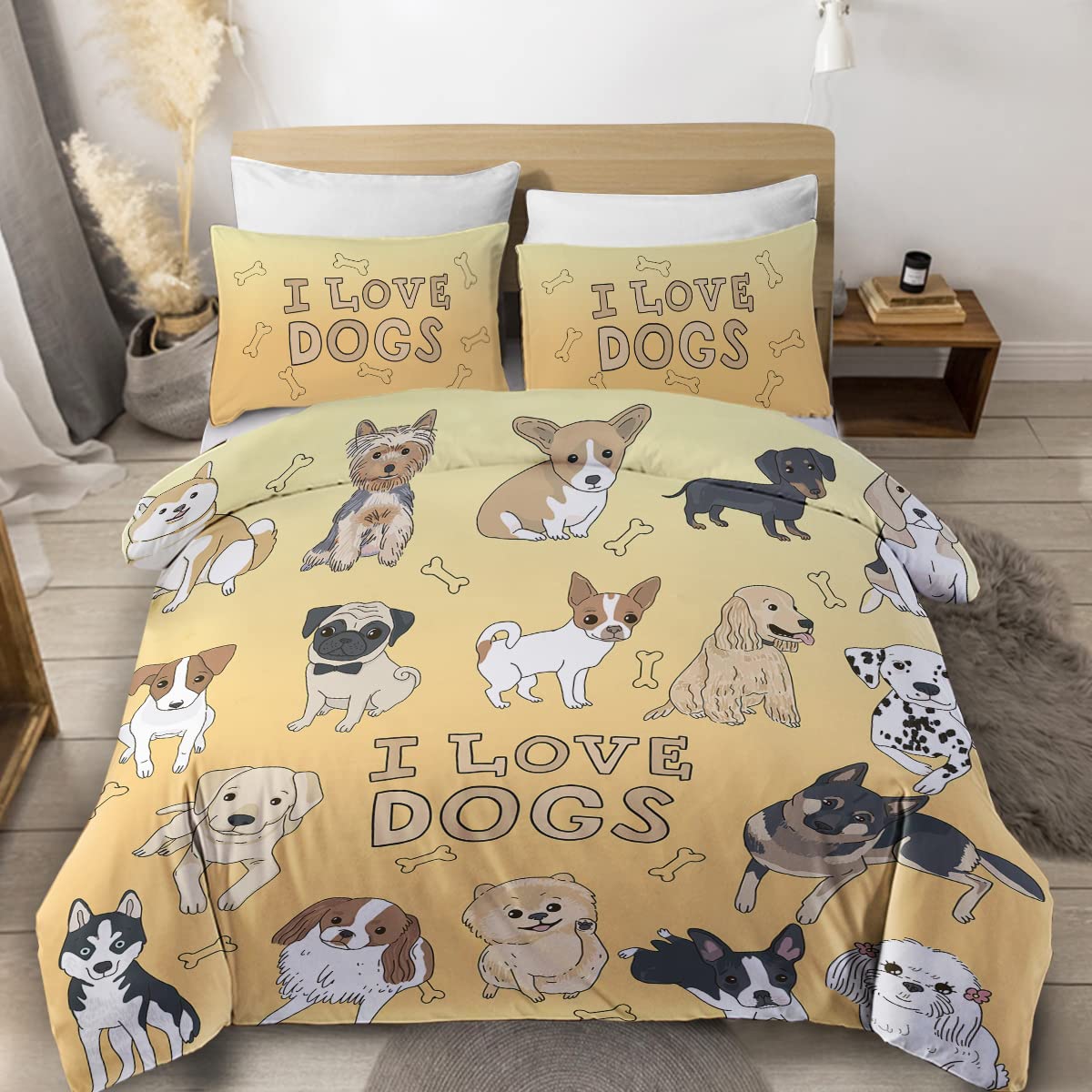 Sleepwish Watercolor Dog Duvet Cover Set - 3 Piece Cute Pet Bedding for Pug, Retriever & Corgi (Full Size, Yellow 'I Love Dogs' Design) - Perfect for Kids' Rooms, Dog Lovers' Homes & Cozy Pet Spaces