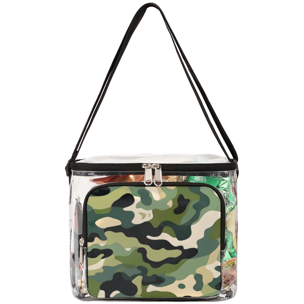 GzLeyigou Military Camo Clear Tote Bag with Handles - Fashionable Camouflage Green Transparent Crossbody Shoulder Bag for Lunch, Outdoor, Travel, Picnic, Concerts & Sports Events - Stadium Approved Multipurpose Carryall | Perfect for School, Beach, Shopping & Festival Essentials