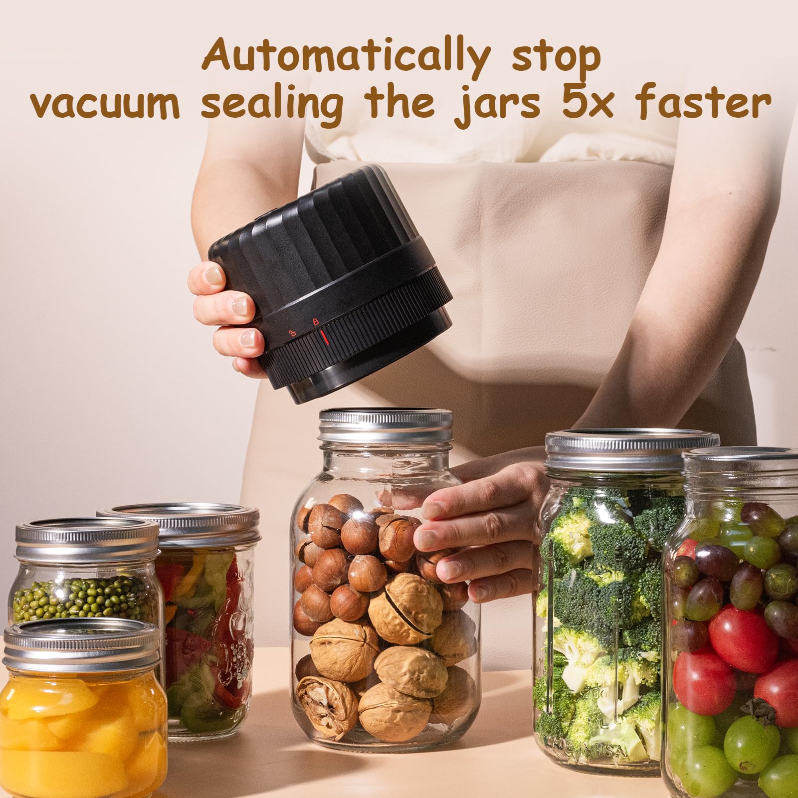 Automatic Mason Jar Vacuum Sealer Kit with Auto Stop - Food Preservation System for Canning, Pickling & Pantry Storage | Airtight Seal for Freshness | Perfect for Home Canning, Meal Prep & Long-Term Food Storage (Includes Black Lids)