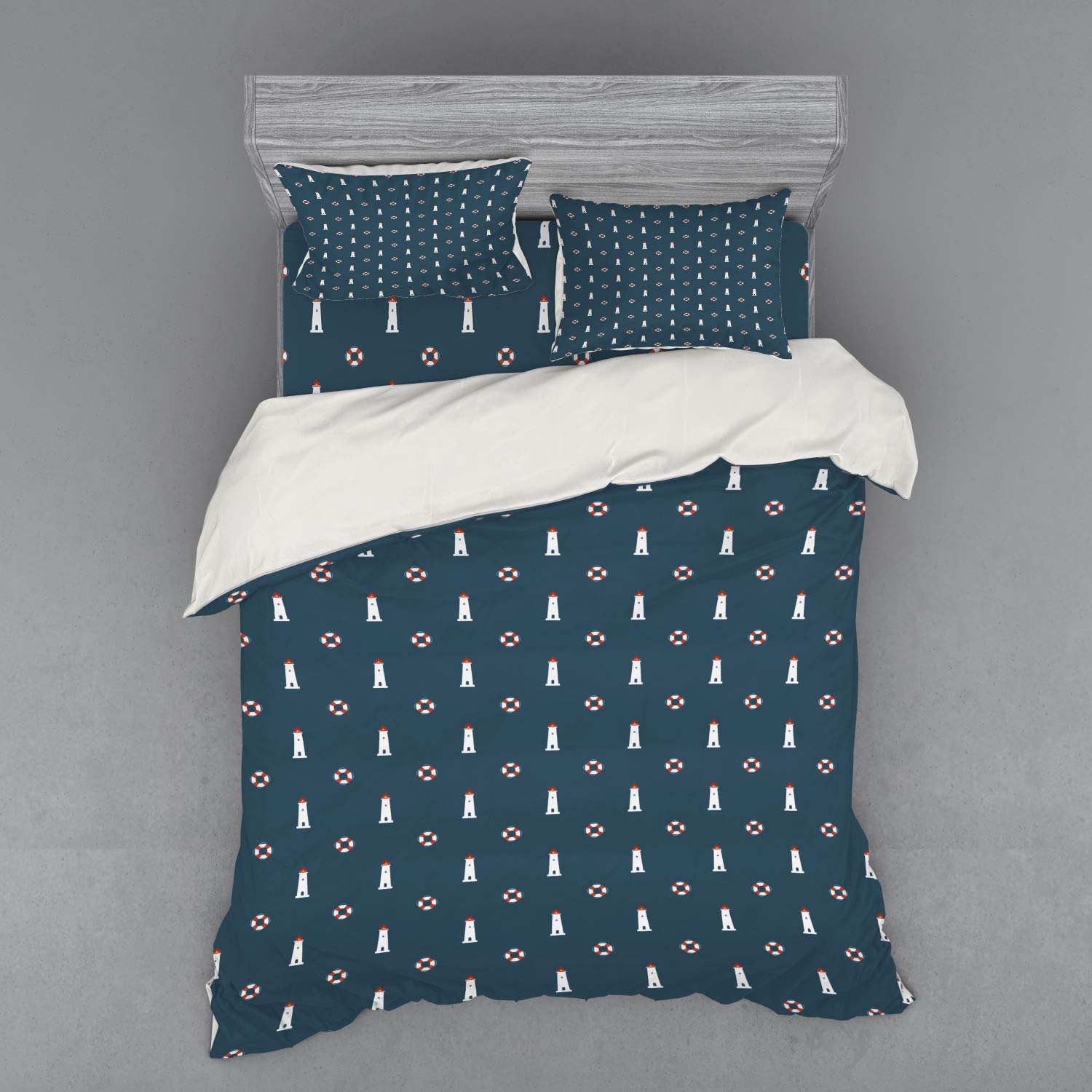 Ambesonne Lighthouse Duvet Cover Set - Nautical Themed 4-Piece Queen Size Bedding with Shams & Fitted Sheet in Petrol Blue, White & Red | Perfect for Coastal, Beach House & Marine Decor Bedrooms