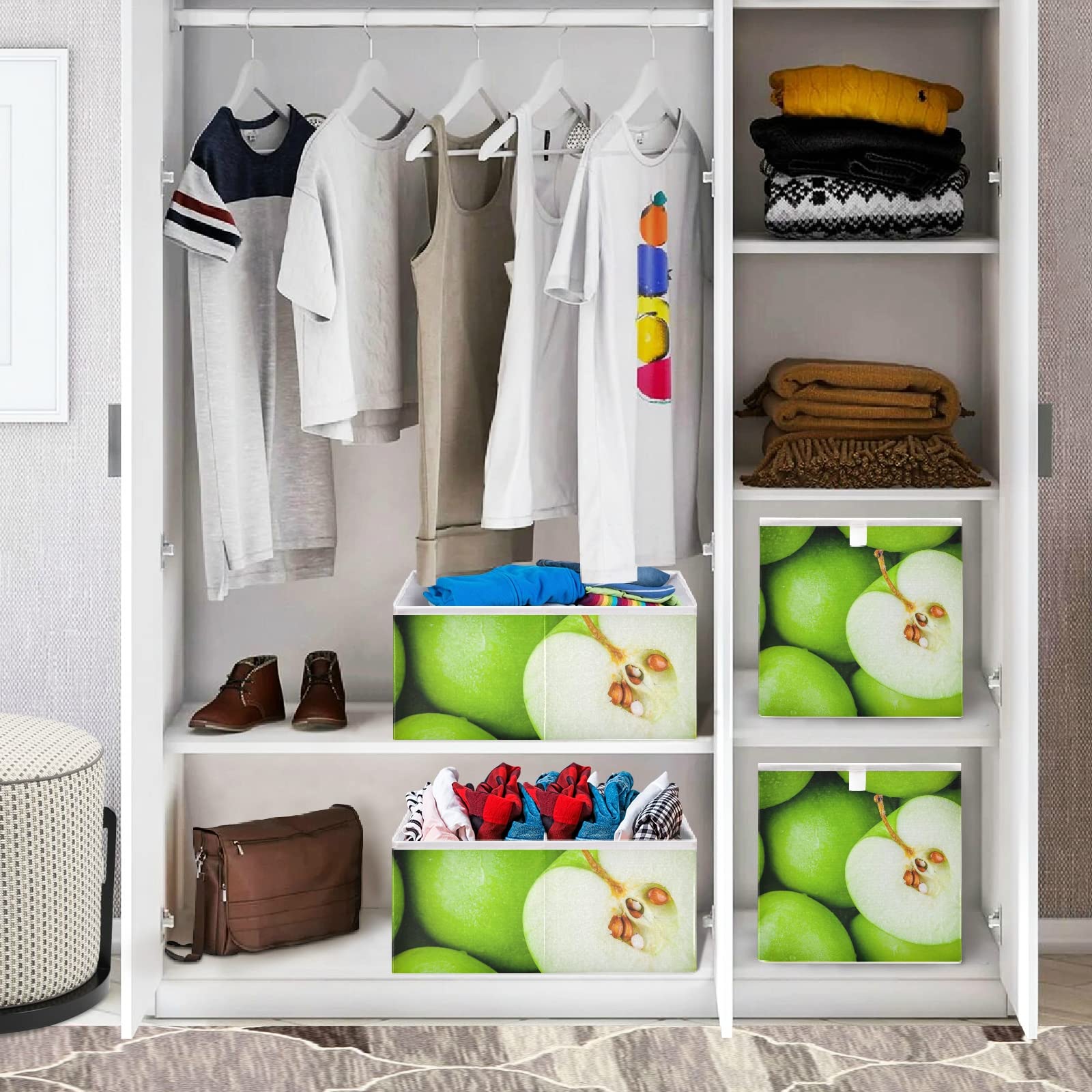 Organic Green Juicy Apples Print Foldable Storage Basket - Collapsible Fabric Bin for Toys, Clothes & Nursery Organization | Perfect for Kids' Room, Playroom & Closet Storage
