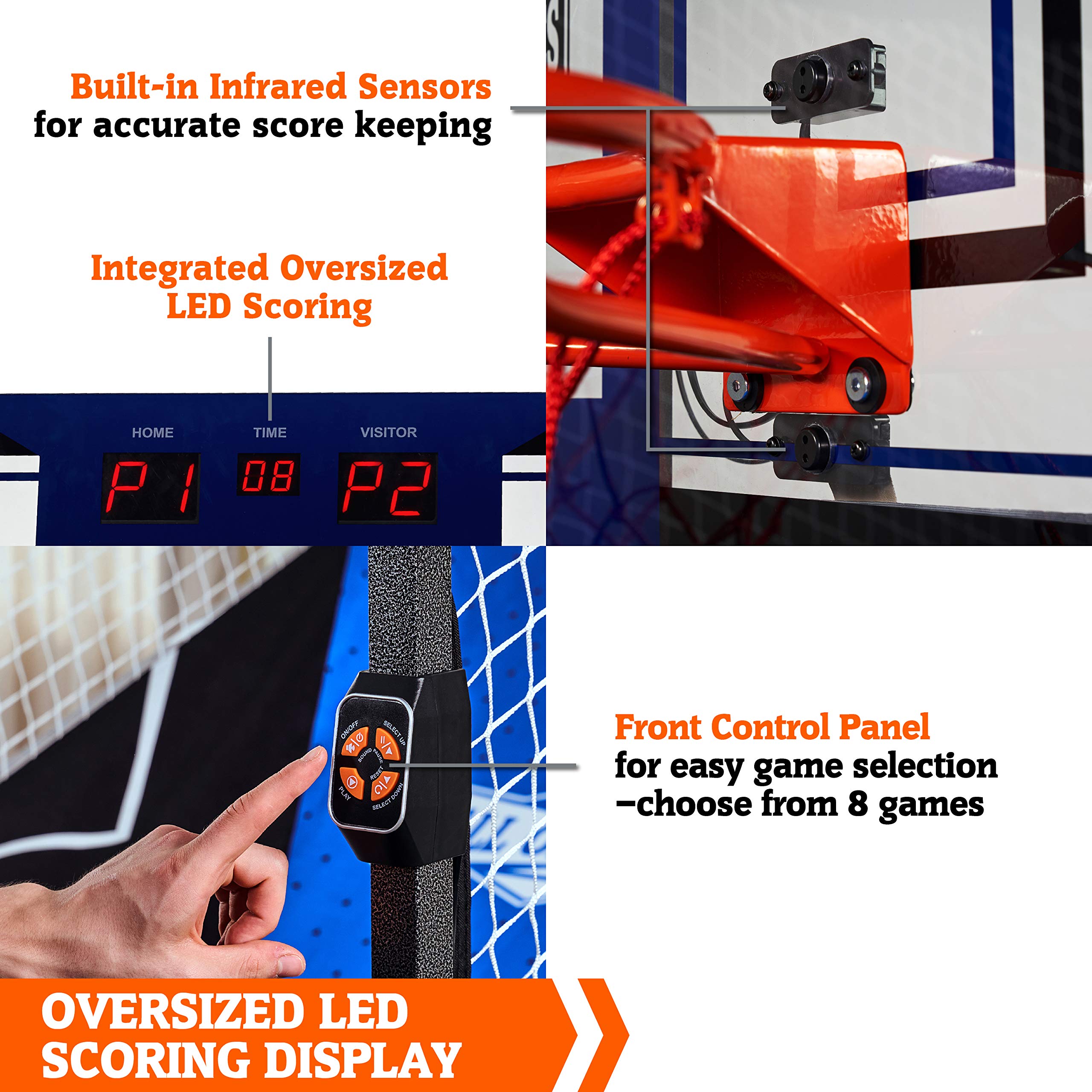 Hall of Games Premium Arcade Cage Basketball Game - Steel Frame & Polycarbonate Backboard, Dual Shot LED Scoring with 6 Size 8.5 Inch Basketballs - Perfect for Indoor Sports, Game Rooms & Family Fun