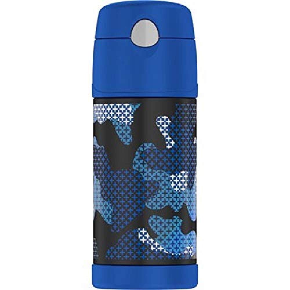 Thermos Funtainer 12oz Vacuum Insulated Straw Water Bottle with Leak-Proof Lid - Blue Cross Camo Design for Kids, School, Sports & Outdoor Activities