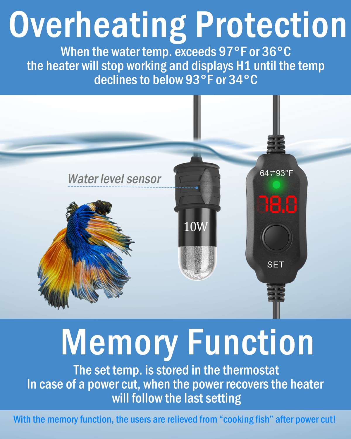 AquaMiracle Adjustable 10W USB-Powered Betta Heater with Digital Thermostat - Submersible Mini Aquarium Heater for 1 Gallon Fish Tanks | Perfect for Small Betta Bowls, Nano Tanks & Desktop Aquariums