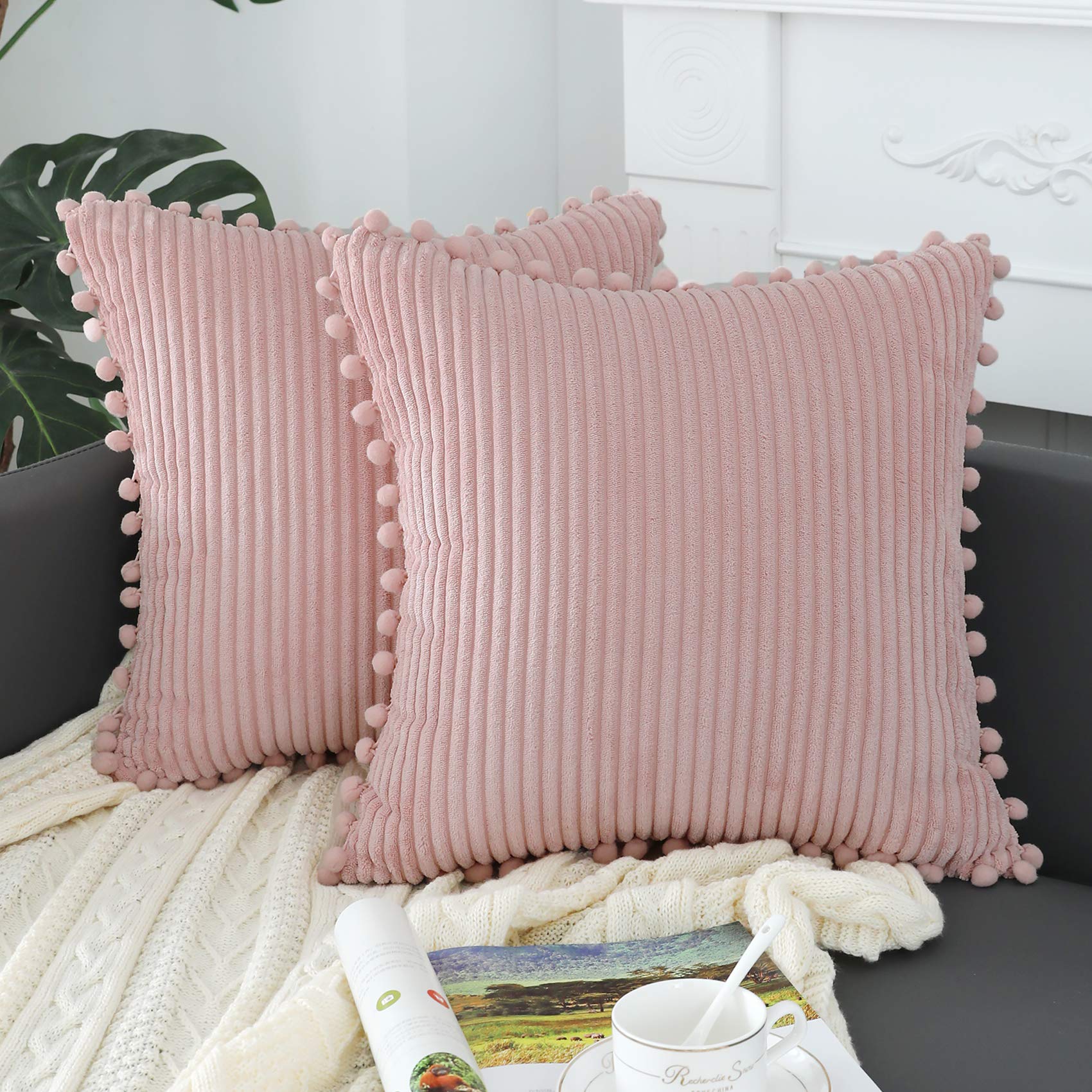 Stylish Blush Pink Boho Throw Pillow Covers 20x20 Inch - Soft Striped Farmhouse Decorative Couch Pillows with Pom Poms (Set of 2) for Living Room, Bedroom, Sofa & Outdoor Patio Decor