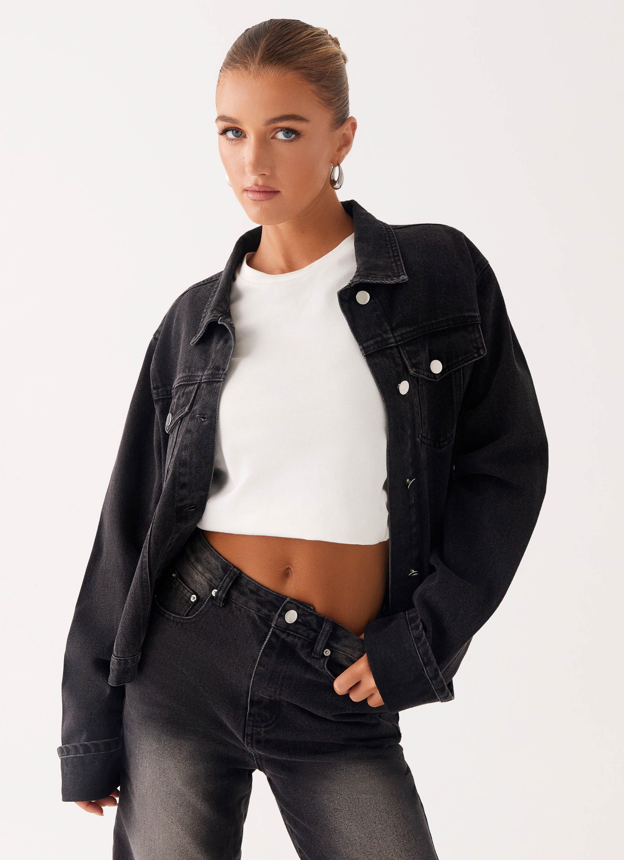 Back Again Oversized Denim Jacket - Charcoal Wash | Vintage Style Distressed Denim Coat for Women & Men | Perfect for Streetwear, Casual Outfits & Fall Layering