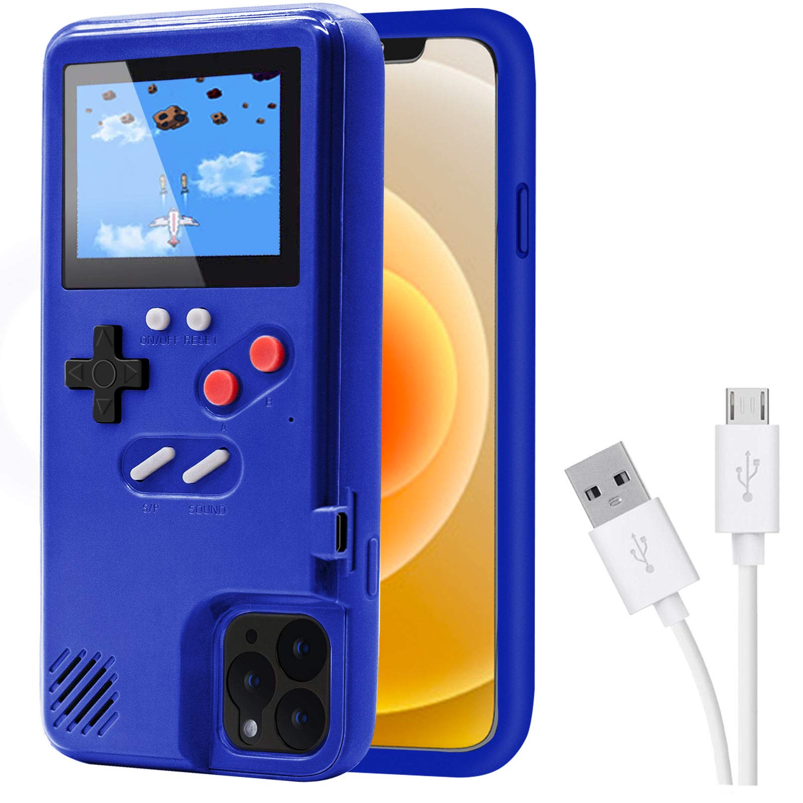Retro Game Console Case for iPhone 12 Pro Max - Self-Powered Protective Cover with 36 Classic Mini Games & Full Color Display | Perfect for Gaming Enthusiasts & Nostalgic Entertainment On-The-Go (Blue)