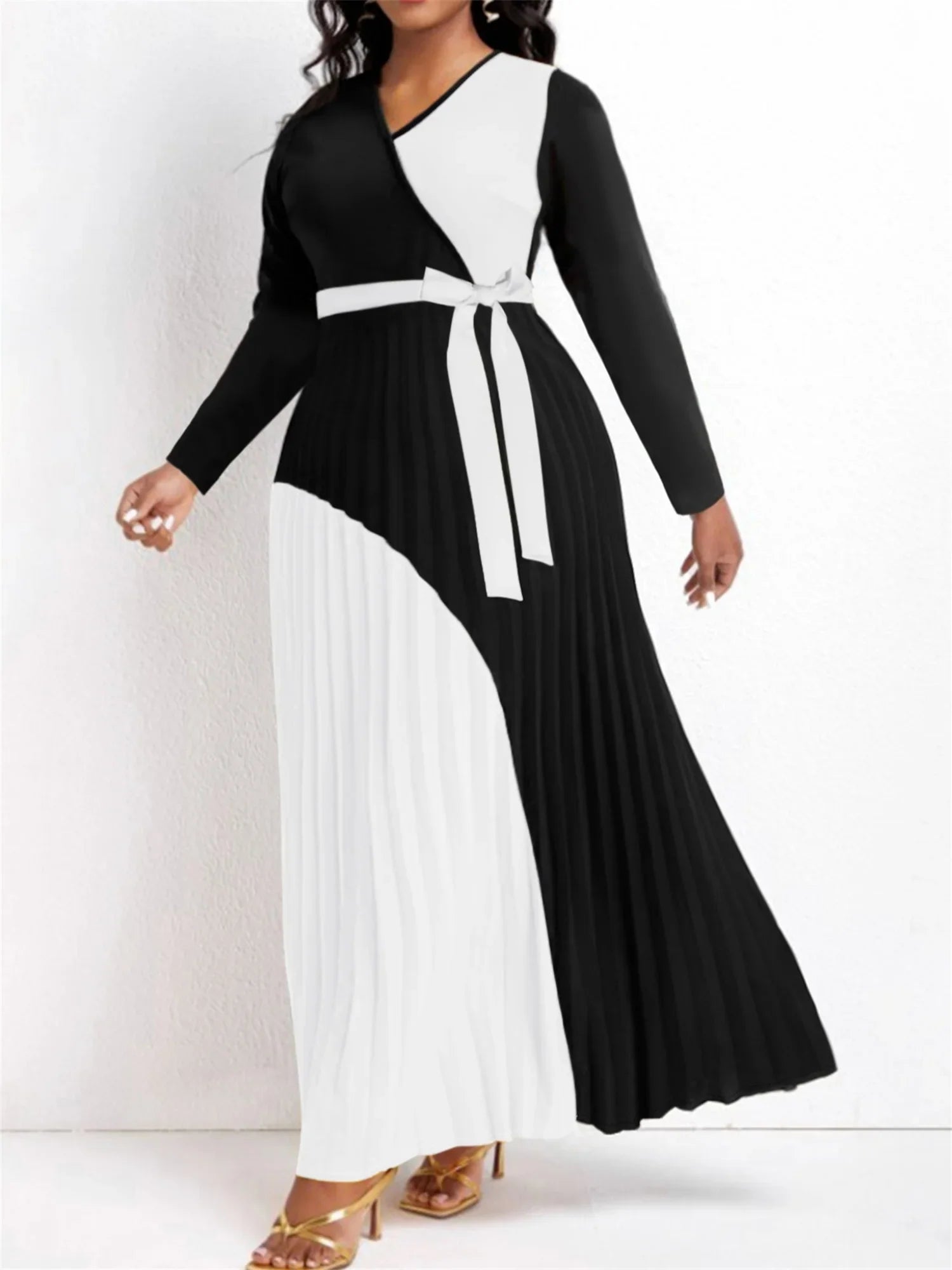 Elegant Fall Maxi Dresses for Women - Bandage Design Tiered Pleated A-Line Dress with Belt & Long Sleeves | V-Neck Flowy Patchwork Vestidos | Perfect for Autumn Weddings, Parties & Date Nights