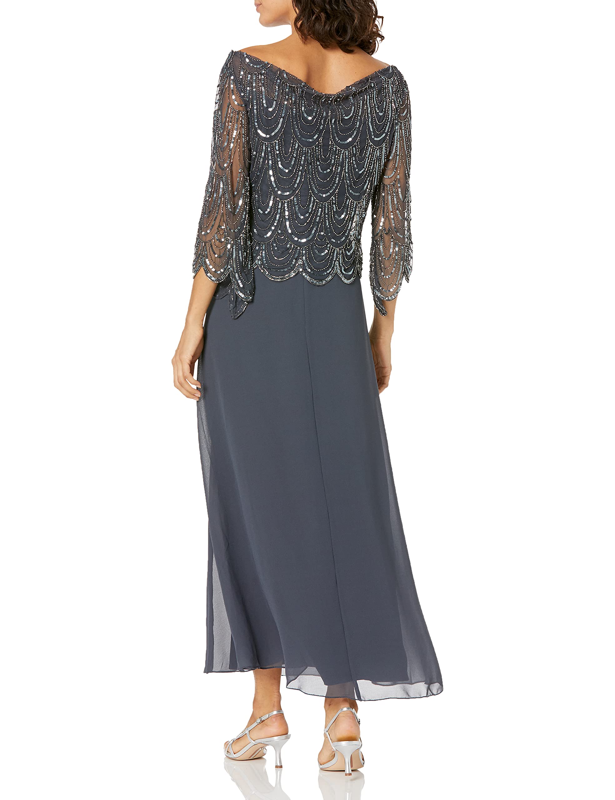 J Kara Women's Plus Size 3/4 Sleeve Scallop Beaded Pop Over Gown - Elegant Evening Dress for Wedding, Party & Special Occasions