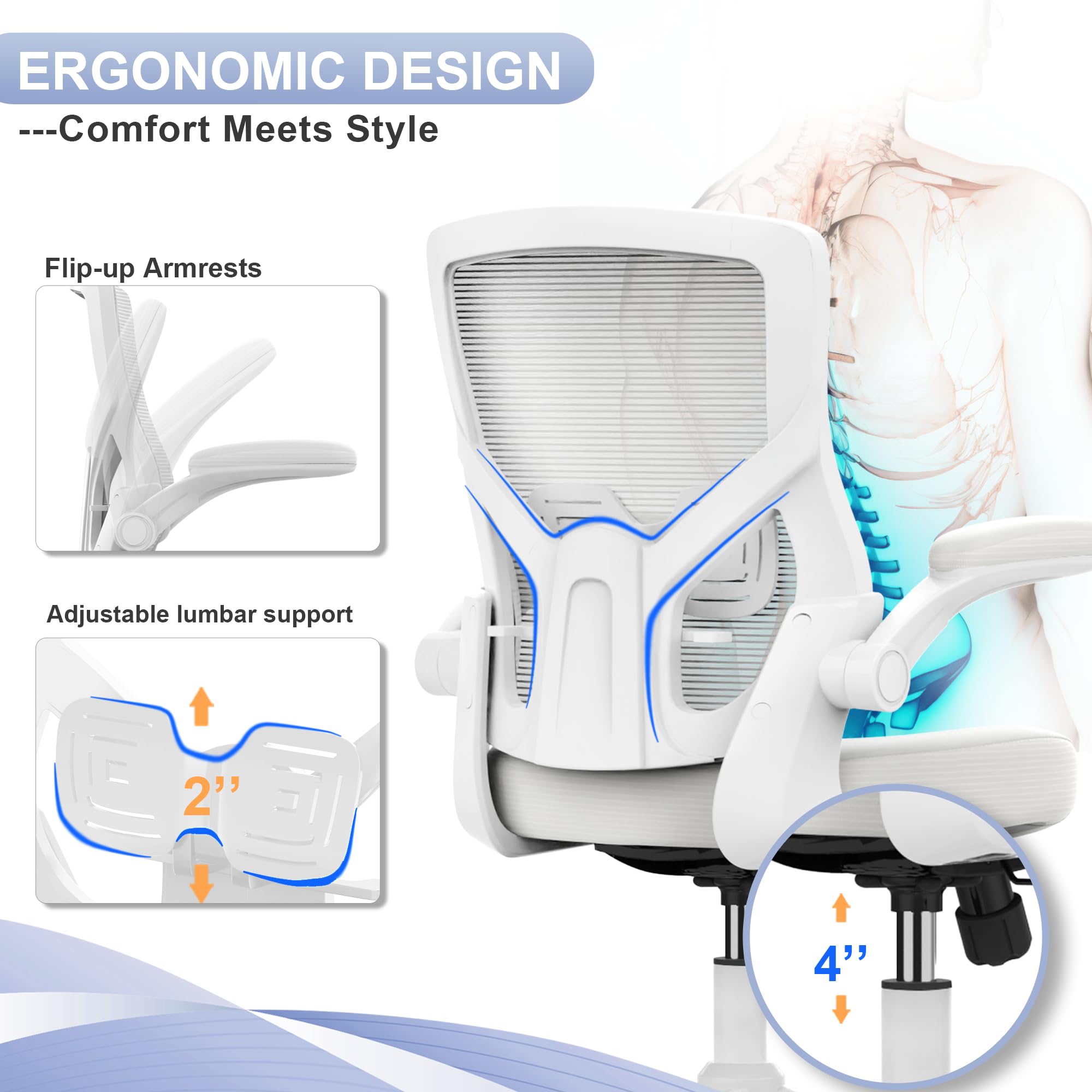 Ergonomic Office Chair with Adjustable Height, High Back Design & Lumbar Support - Flip-Up Armrests for Home Office, Gaming & Workspace Comfort - Perfect for Long Hours Sitting, Computer Work & Remote Jobs