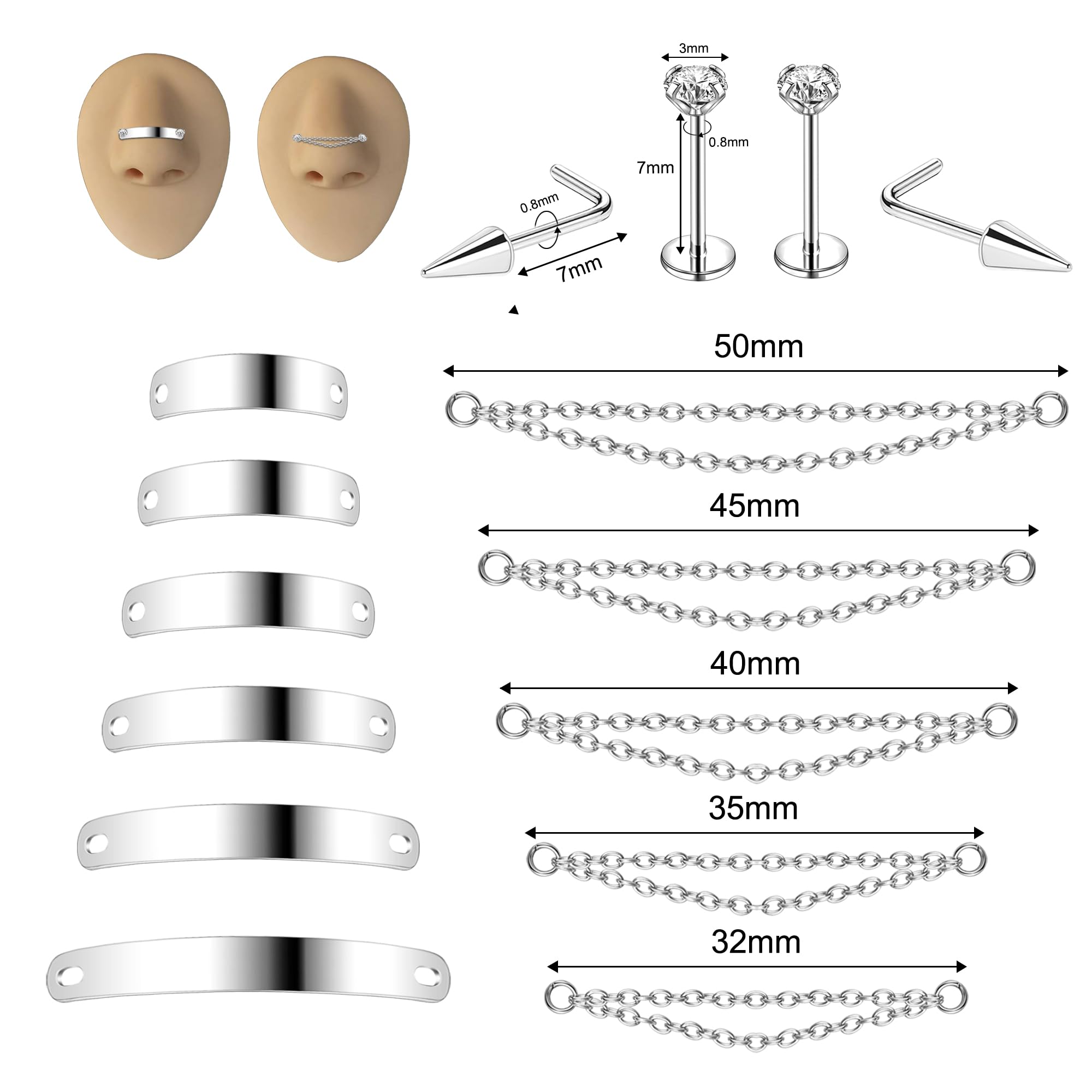 Surgical Steel Nose Chain Spike Nose Rings Studs - Double Nose Piercing Jewelry for Women & Men (Black/Silver) | Perfect for Nostril & Bridge Piercings | Edgy Gothic & Boho Style Accessories