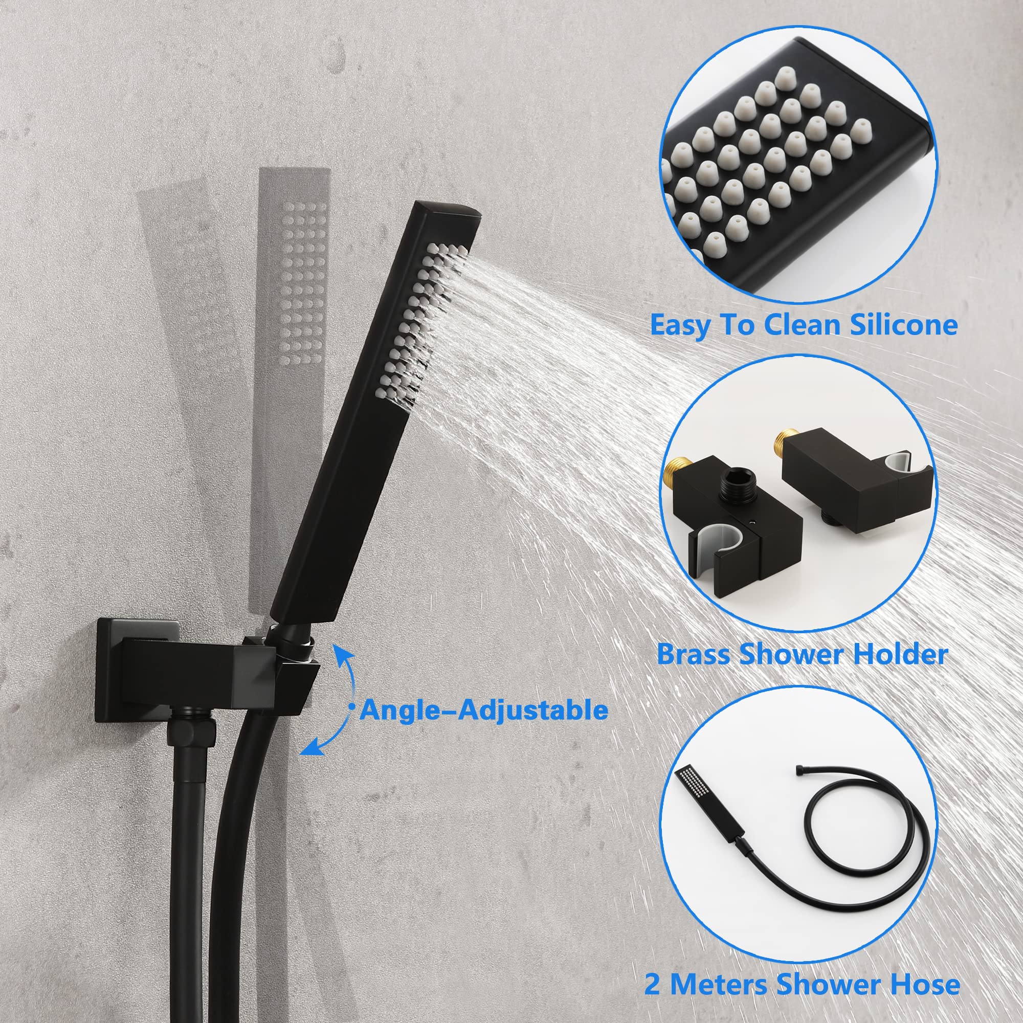 SKOWLL Matte Black Ceiling Mounted Shower System - 2 Function Shower Control Valve, High Pressure Rainfall Shower Head & Handheld Spray Combo for Luxurious Spa-Like Bathroom Experience