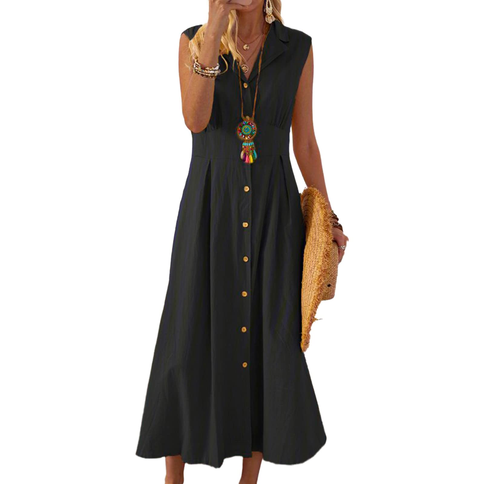 Rteyno Women's Pleated Long Sleeveless Dress - Empire Waist Button Down A-Line Cocktail Party Dress for Evening Events, Weddings & Special Occasions