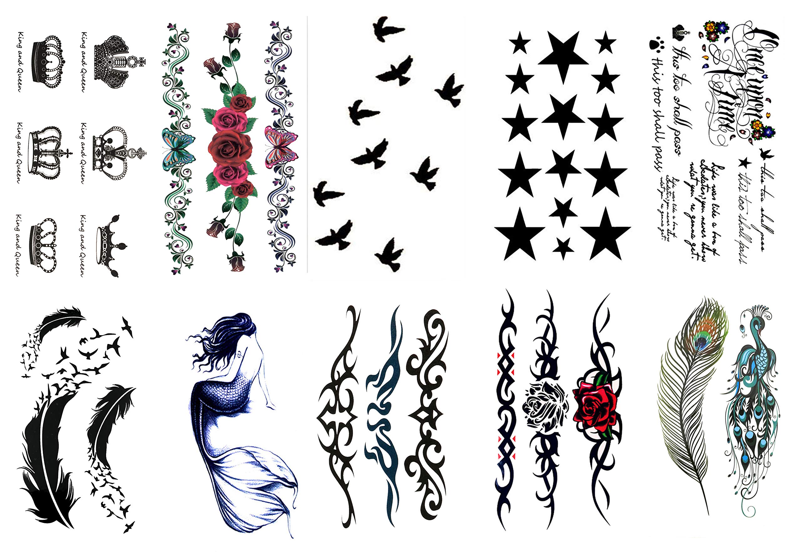 10PCS Temporary Tattoo Stickers - Crown, Birds, Stars, Mermaid, Peacock Feather, Rose Flower, Butterfly Mix Designs for Women & Girls (10.5x6cm) | Waterproof Body Art for Parties, Festivals & Cosplay