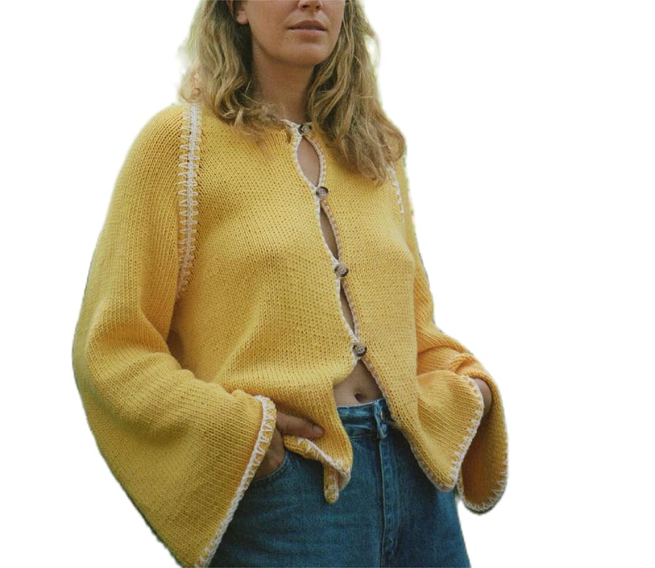Y2K Color Block Button Down Cardigan Sweater for Women - Chunky Knit Round Neck Long Sleeve Tops | Fall Fashion 2024 | Perfect for Office Wear, Casual Outfits & Cozy Layering