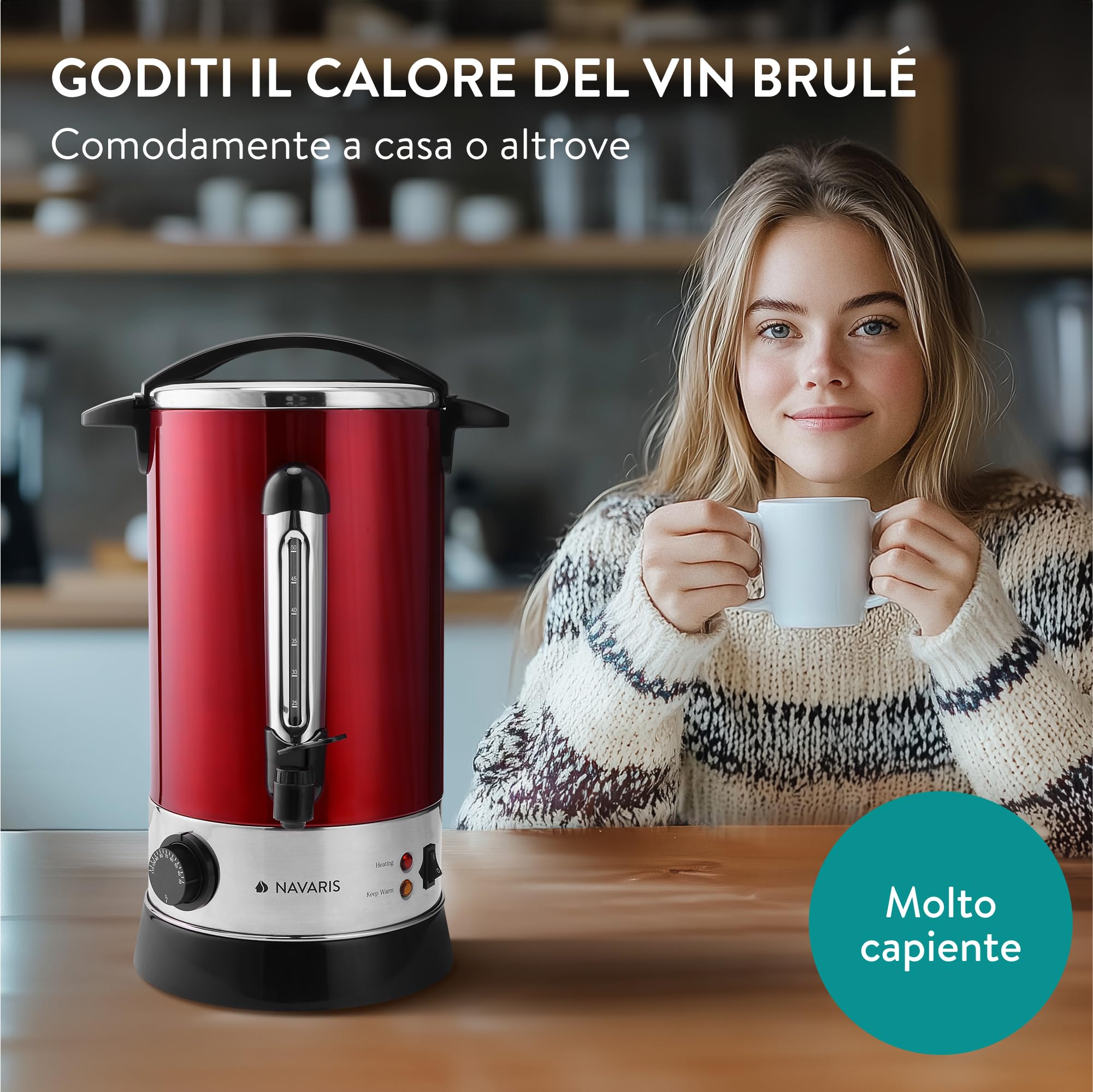 Navaris 10L Electric Hot Water & Wine Dispenser with Tap - Perfect for Mulled Wine, Coffee & Hot Beverages - Ideal for Parties, Cafés & Home Use - Red