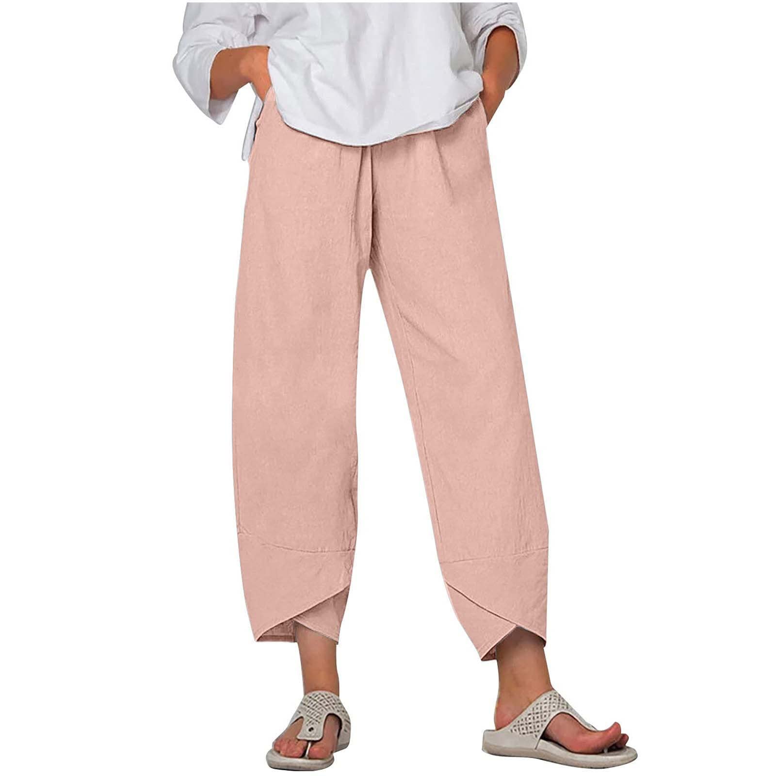 SEAOPEN Women's Cotton Linen Palazzo Pants - Elastic Waist Wide Leg Capri Pants, Casual Loose Beach Trousers with Pockets (Pink, Large) | Perfect for Summer, Vacation & Boho Style Outfits
