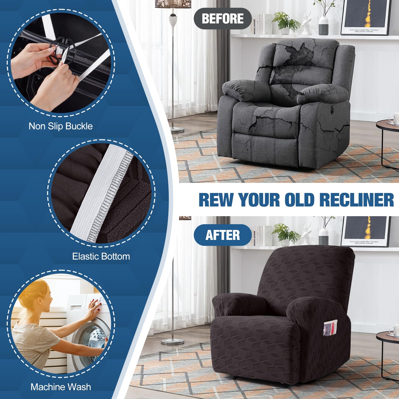 TAOCOCO Oversized Recliner Cover - Stretch Jacquard Reclining Chair Slipcover with Elastic Bottom, Furniture Protector for Sofa & Couch - Pet & Kid Friendly - Chocolate Brown - Perfect for Living Room, Family Room & Home Theater
