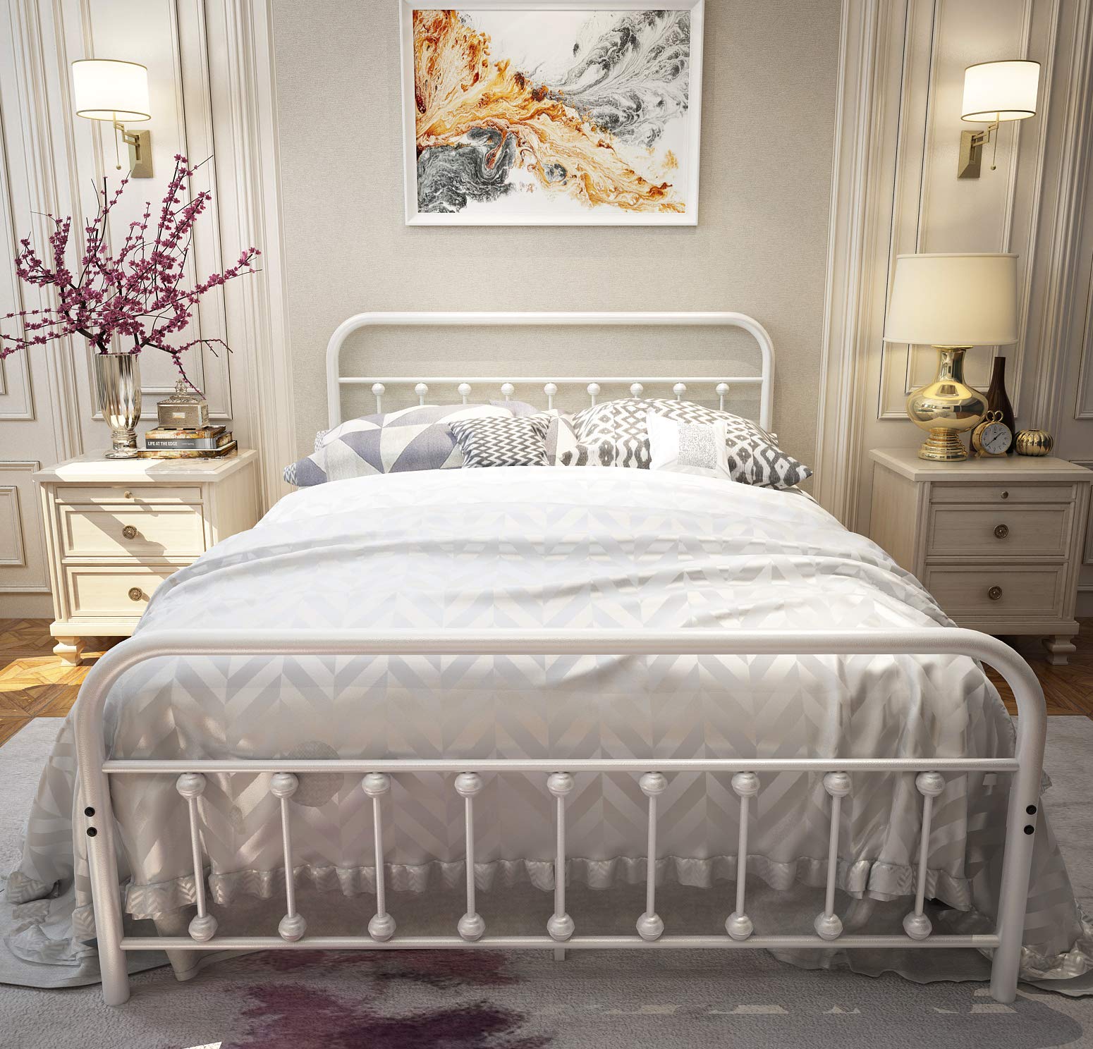 White Metal Bed Frame Queen Size with Headboard & Footboard - Sturdy Platform Mattress Base, Metal Tube & Iron-Art Design - Perfect for Modern Bedrooms, Guest Rooms & Dormitories (Queen, White)