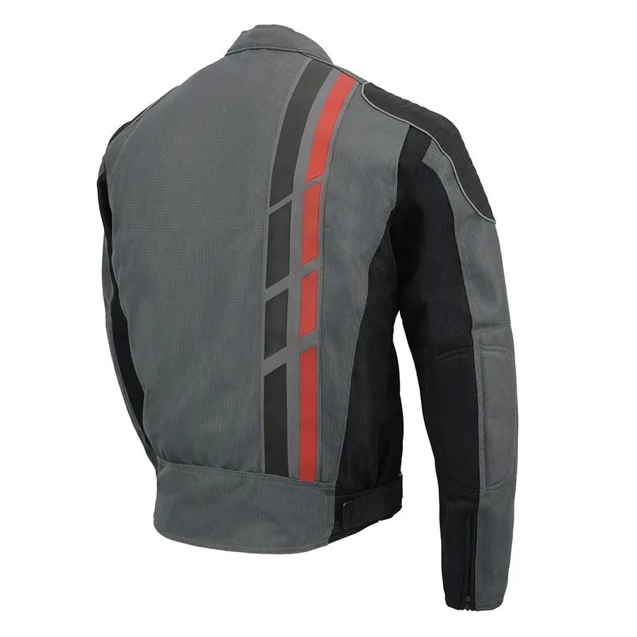First MFG Co. Men's Black & Grey Mesh Armored Racing Jacket with Reflective Racing Stripes - Lightweight Motorcycle Gear for Street & Track Riding