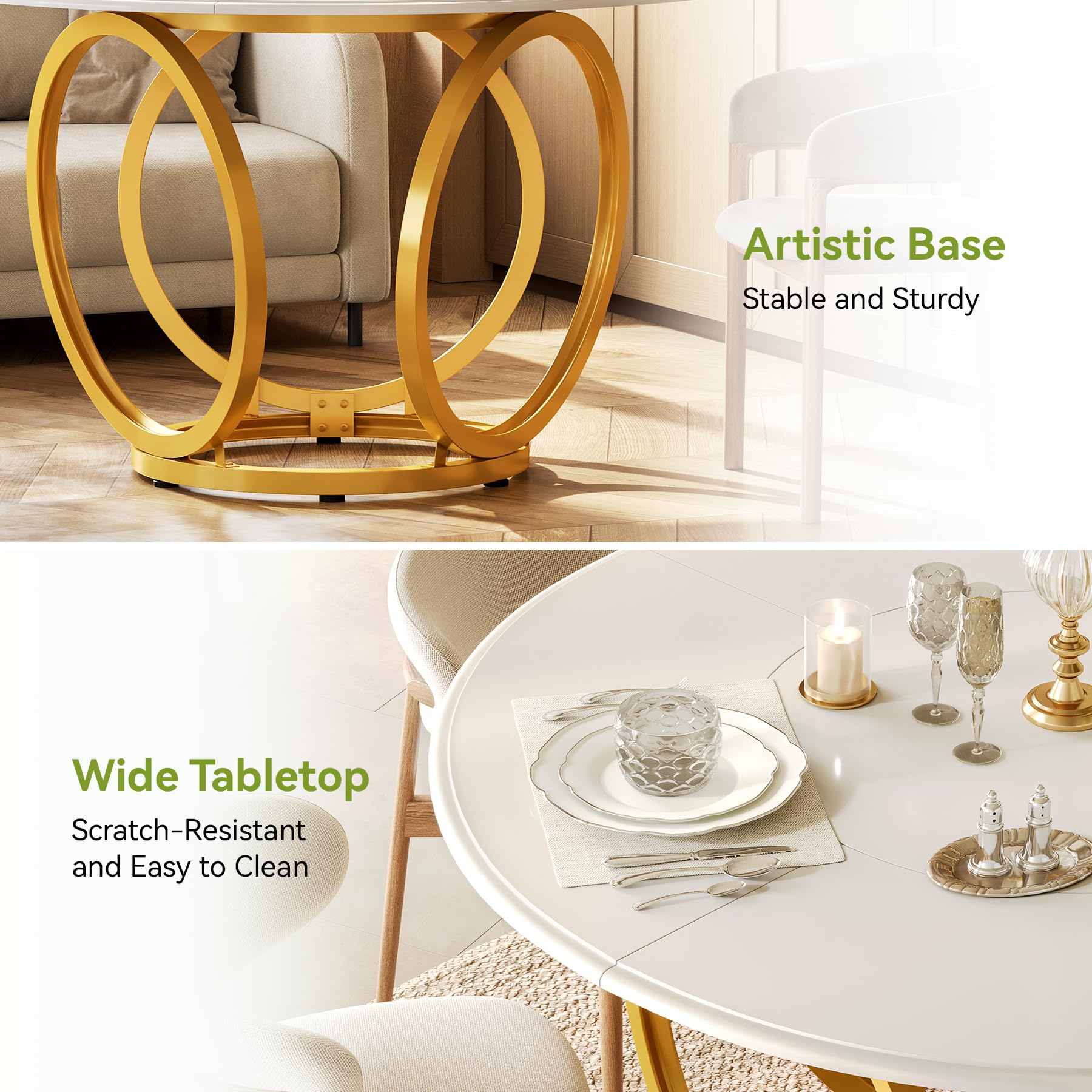 Modern White Round Dining Table for 4 - 47 Inch Kitchen Table with Gold Metal Base | Perfect for Small Spaces, Breakfast Nooks & Contemporary Dining Rooms