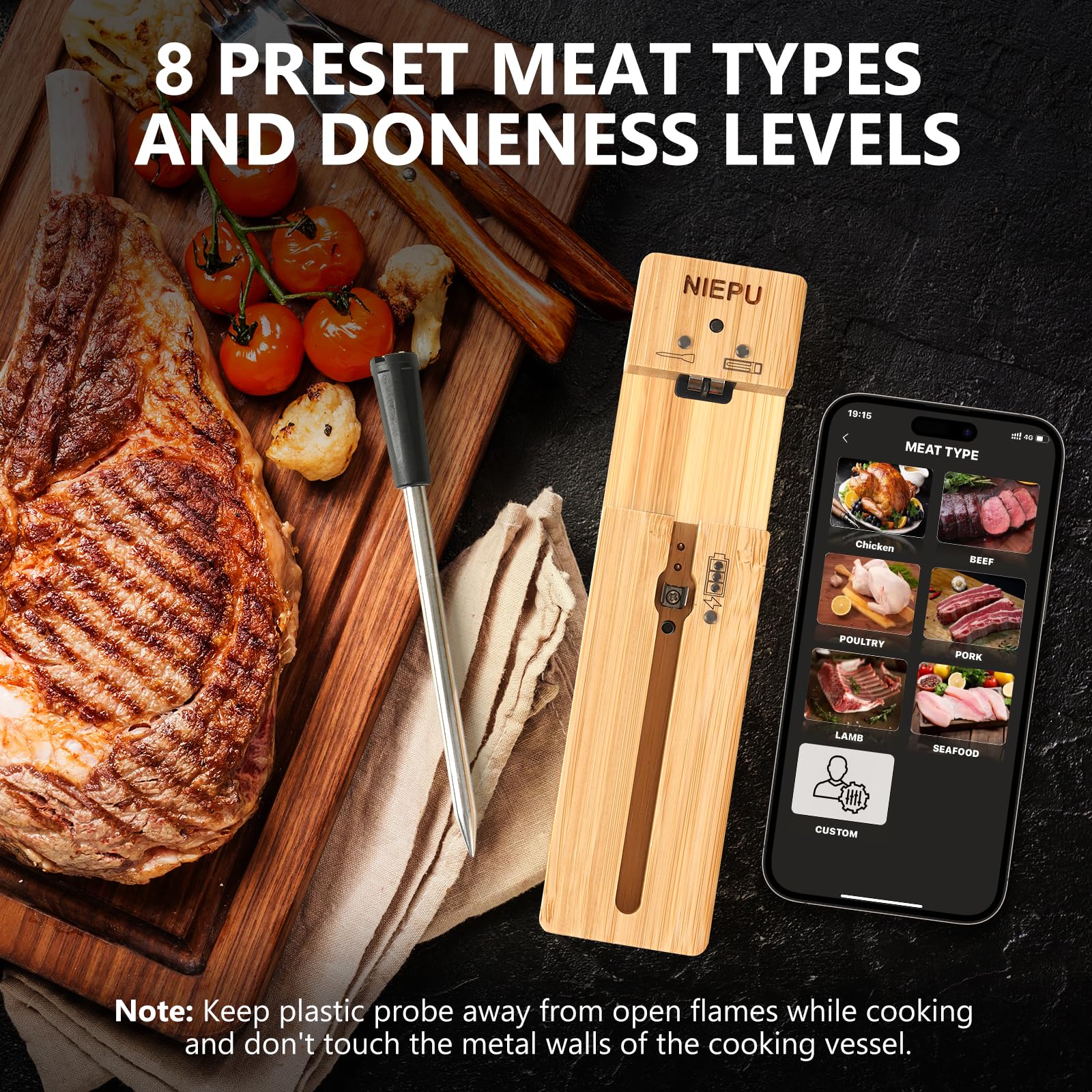 Smart Wireless Meat Thermometer with Bluetooth - 1000 FT Range, Waterproof, ±0.9℉ High Accuracy for BBQ, Grilling, Smoking & Oven Cooking - Perfect for Outdoor Grilling, Camping & Home Kitchen Use