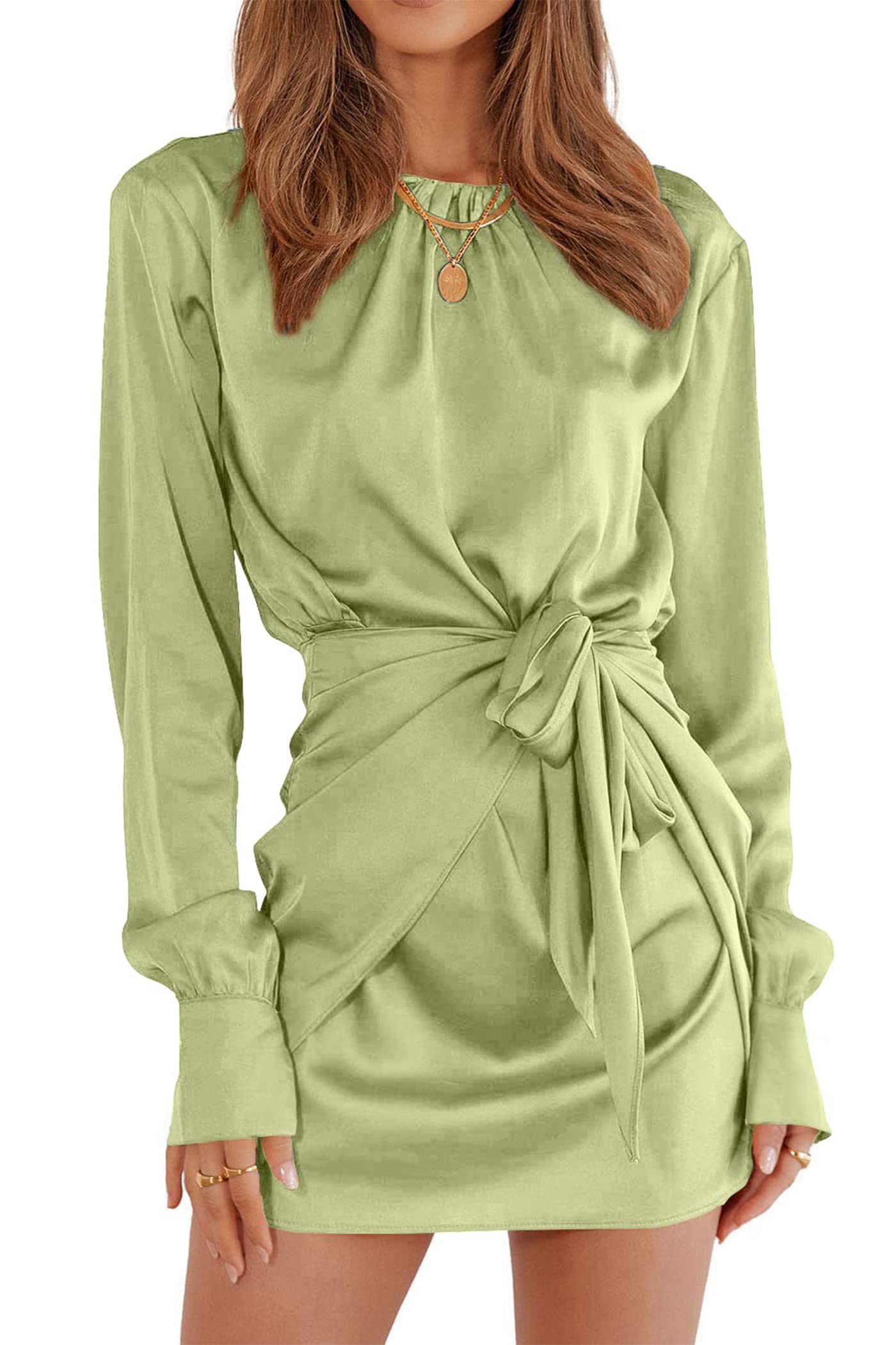 PRETTYGARDEN Women's Elegant Satin Cocktail Dress 2023 - Long Sleeve Tie Waist Mini Party Dress for Spring | Perfect for Cocktail Parties, Weddings, Date Nights & Special Occasions