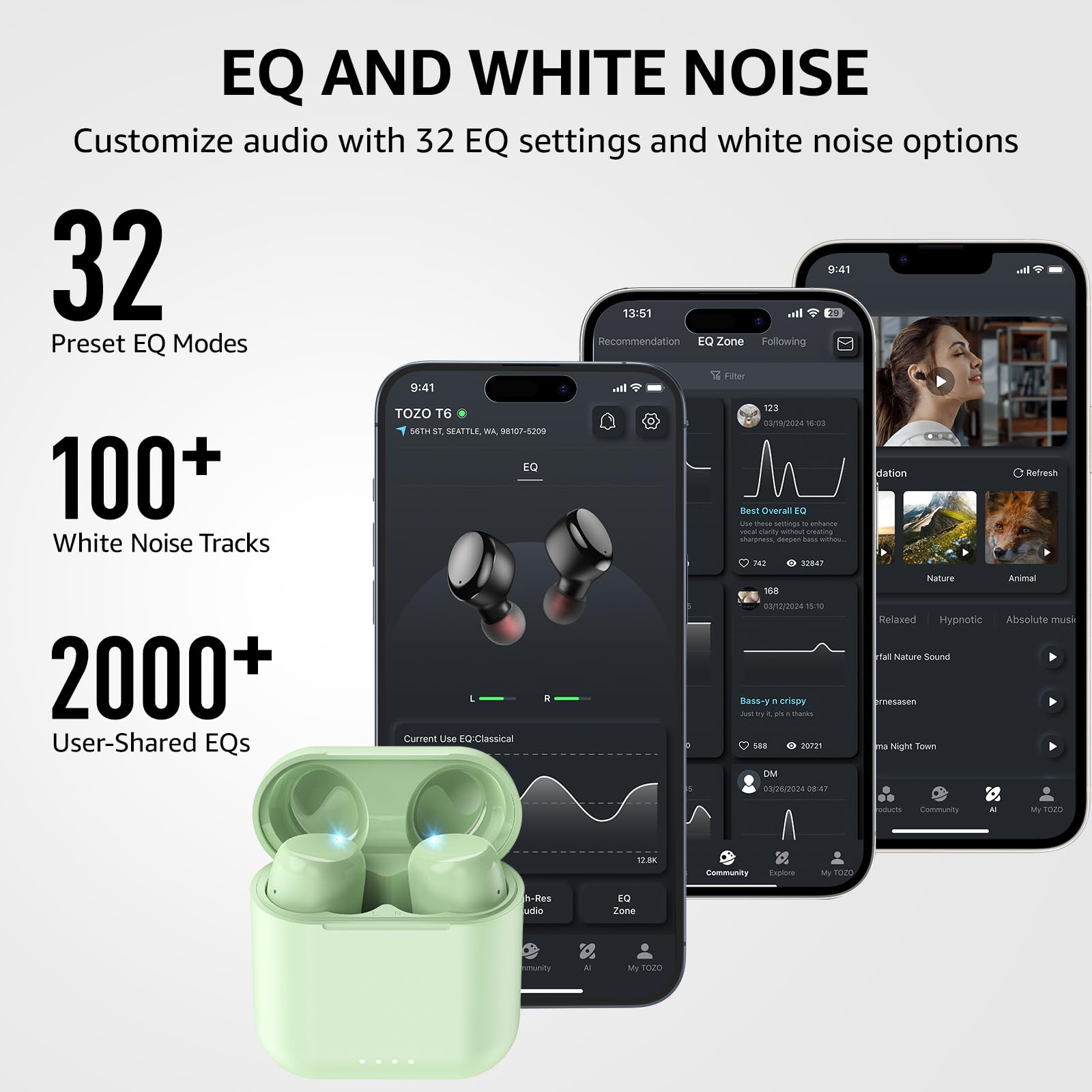 TOZO T6 Wireless Earbuds Bluetooth 5.3 Headphones - 50Hrs Playtime, IPX8 Waterproof, Wireless Charging Case, Customizable EQ - Perfect for Gym, Running, Travel & Work (Upgraded Version)
