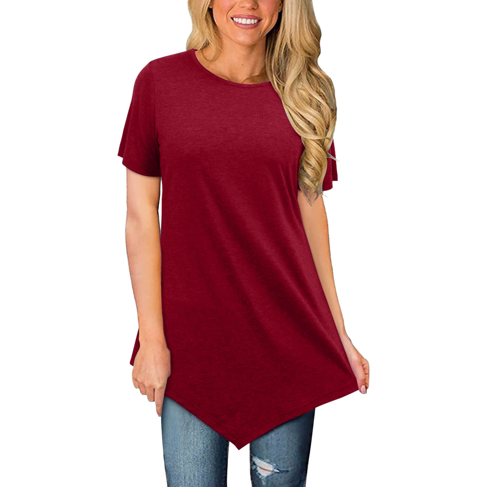 Women's Casual Short Sleeve T-Shirt - Round Neck Loose Fit Summer Top with Asymmetrical Hem - Plus Size Blouse for Women | Perfect for Beach, Vacation & Everyday Wear