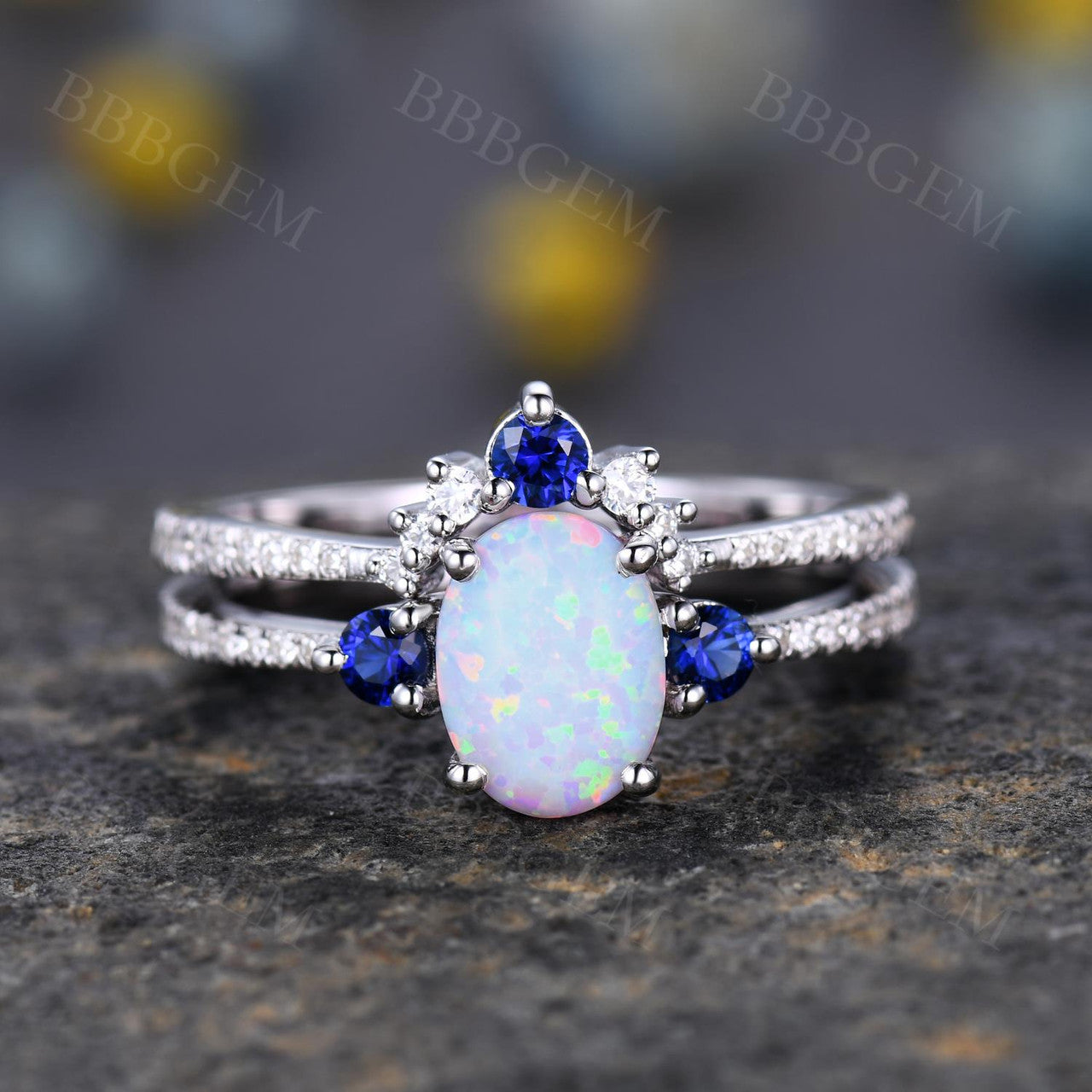 Antique Vintage Style Sapphire Opal Bridal Ring Set with Diamond Accents - Matching Wedding Band & Engagement Ring for Women - Perfect for Bridal Jewelry, Anniversary Gifts & Special Occasions