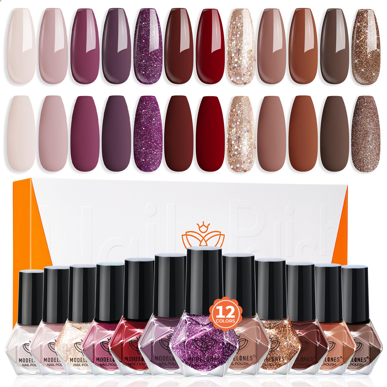 Modelones 12 Colors Nail Polish Set - Burgundy Red, Champagne Gold Glitter, Dark Red, Purple Shimmer, Brown | Long Lasting Gel Polish Kit for DIY Manicure at Home | Perfect for Valentine's Day, New Year 2025 Gifts for Women & Girls