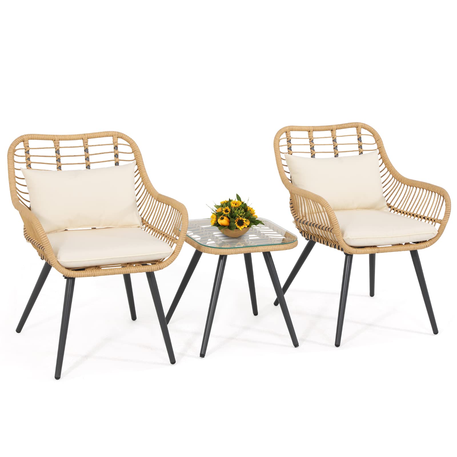 Verano Garden 3-Piece Patio Bistro Set - Outdoor Wicker Conversation Chairs with Glass Top Coffee Table, Cushions & Lumbar Pillows - Perfect for Porch, Backyard, Deck, Poolside & Garden Relaxation