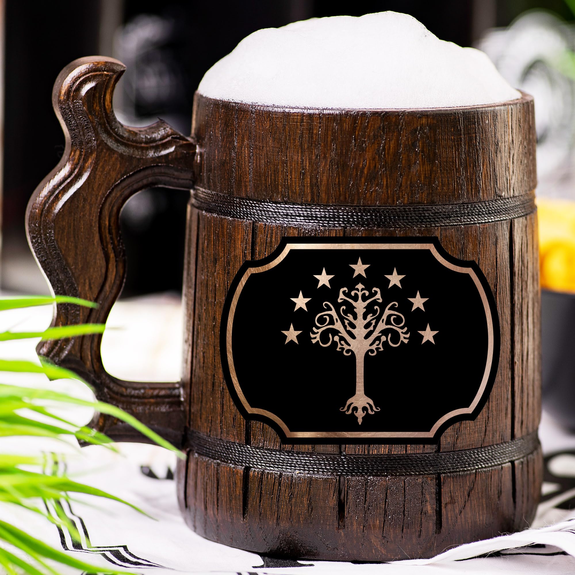 Lord of the Rings Gondor Flag Custom Beer Stein - Personalized Wooden Tankard Mug for Men, Gamer Gifts, Anniversary, Birthday, Father's Day, Wedding Present - Perfect for Fantasy Fans, Game Nights & LOTR Themed Parties