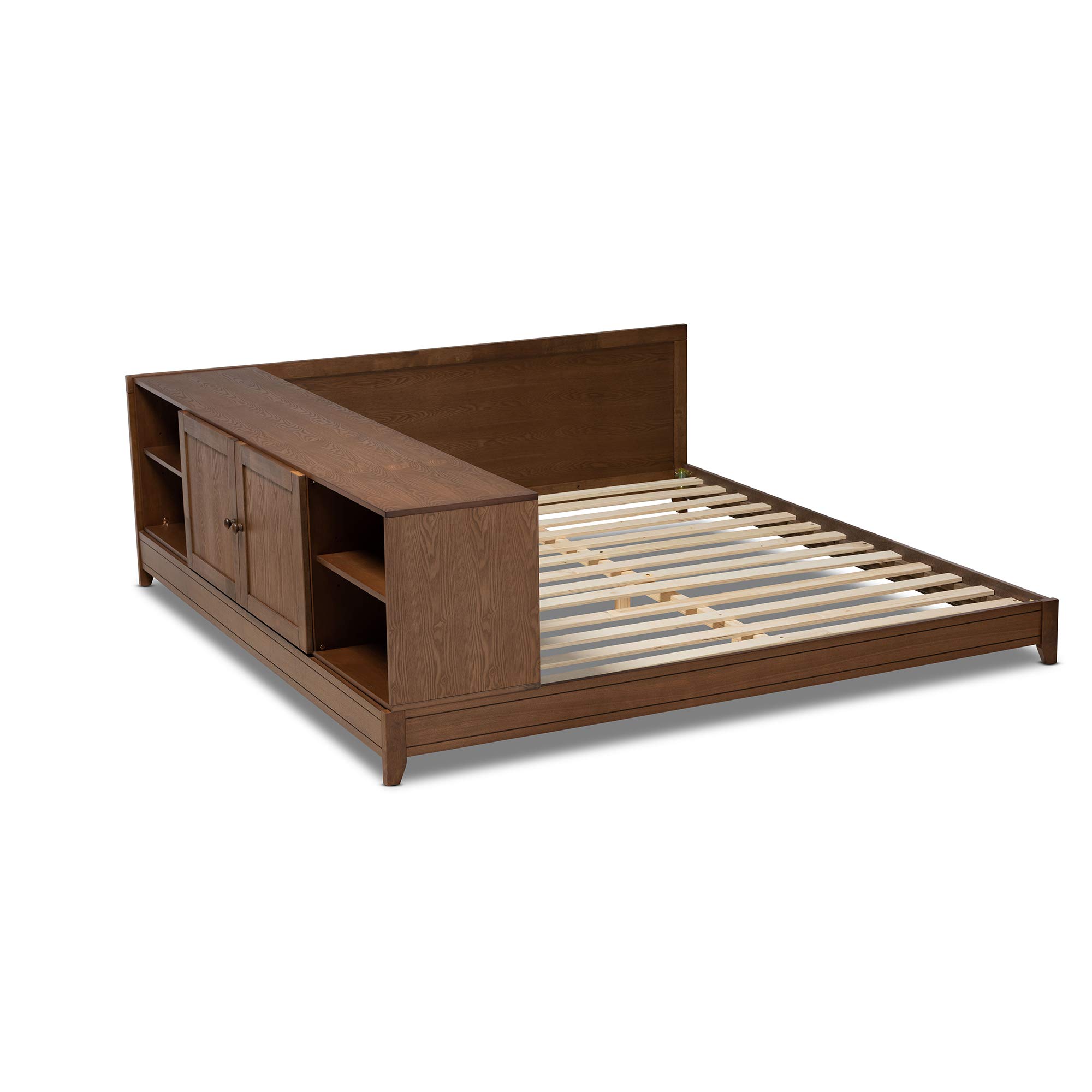 Baxton Studio Queen Size Walnut Platform Bed Frame - Modern Solid Wood Bed with Storage Space for Bedroom, Guest Room, Dorm