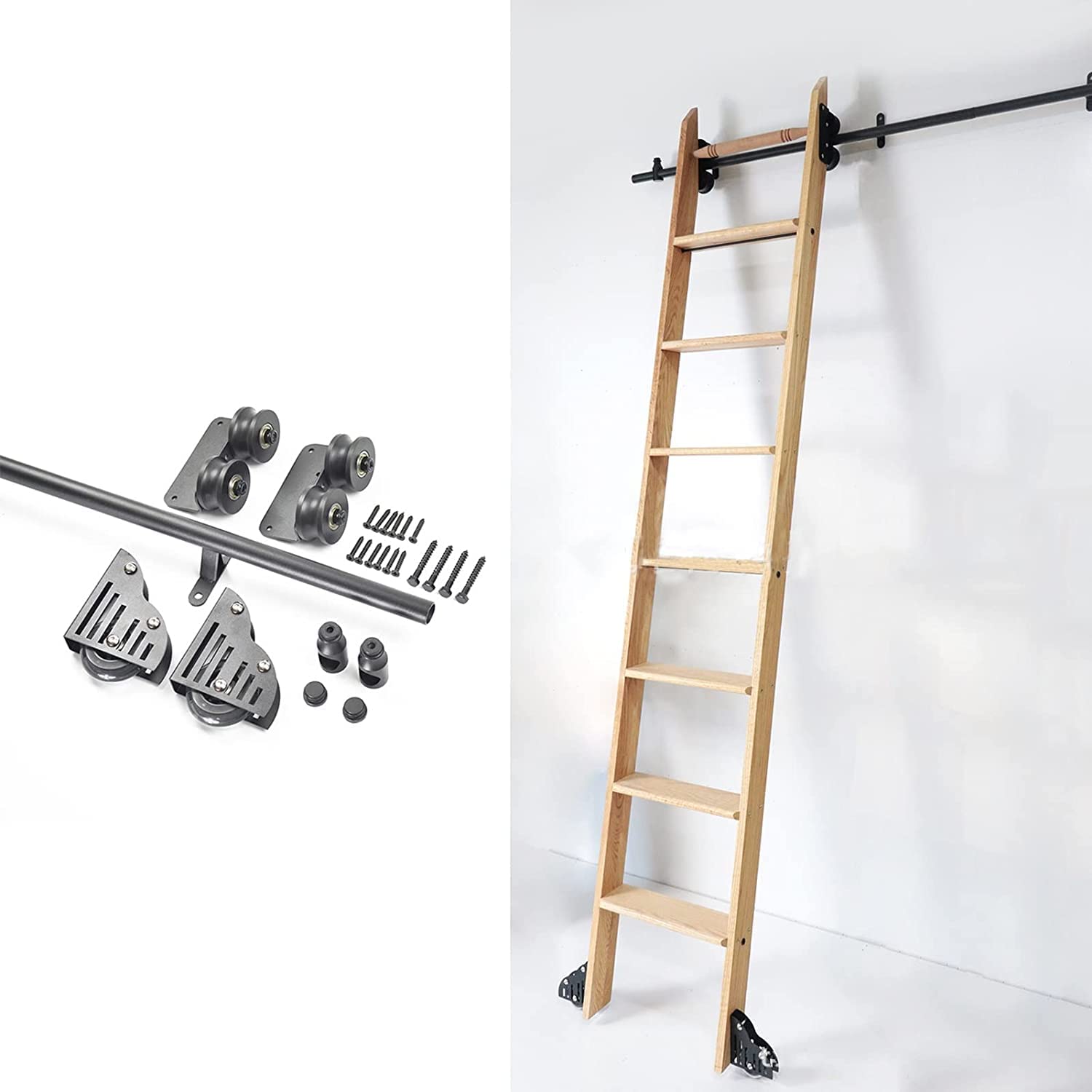 Rolling Library Sliding Rail Kit - Heavy Duty Sliding Hardware for Rolling Doors (No Ladder Needed) with Floor Roller Wheels & Round Tube Mobile Ladder Rail (3.3ft) - Perfect for Home Libraries, Closet Doors, and DIY Storage Solutions