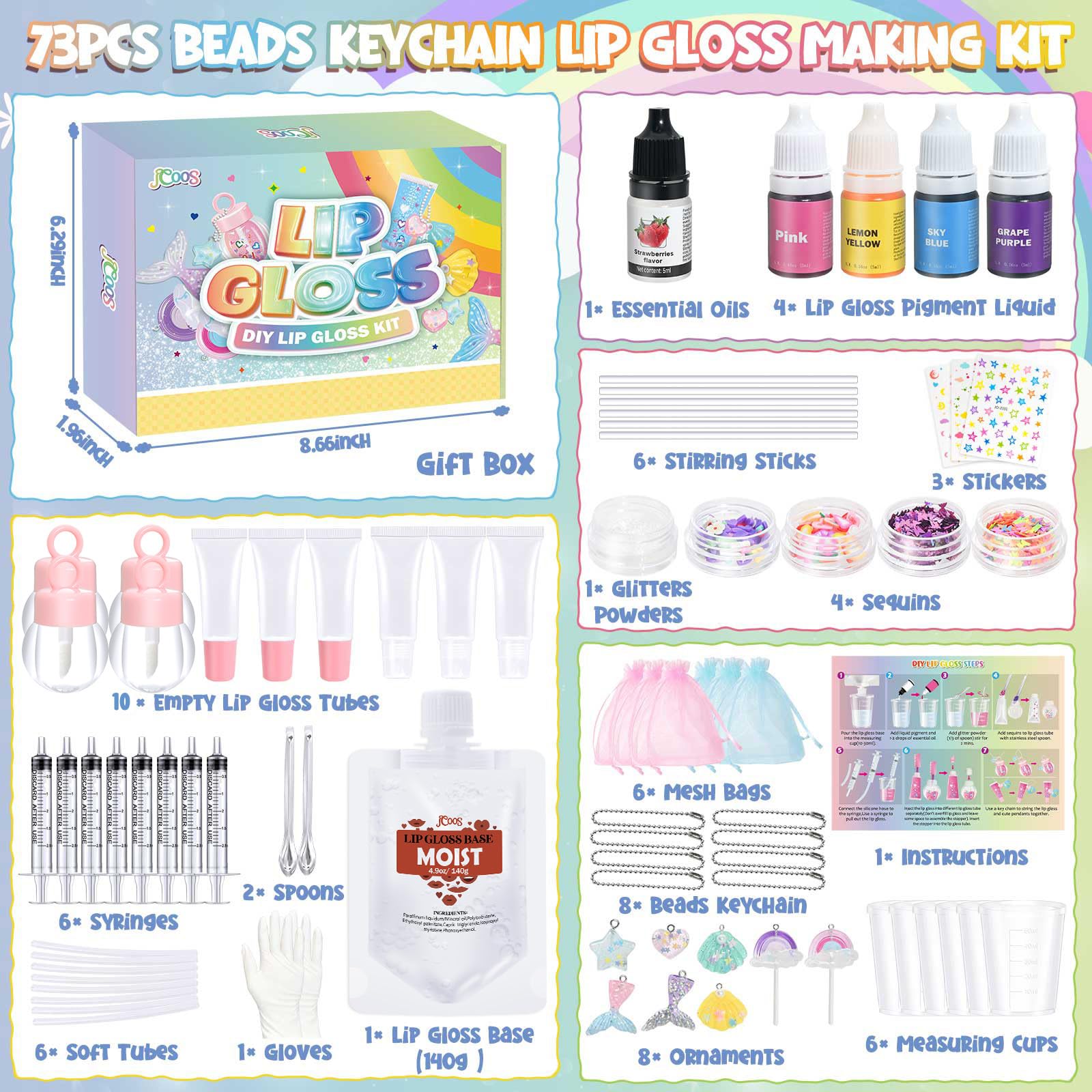 Jcoos 73PCS DIY Lip Gloss Making Kit - Shimmery Moisturizing Lip Glaze, Keychain Craft Set for Beginners, Women & Kids | Perfect for Birthday Gifts, Party Favors, and Creative Arts & Crafts Projects