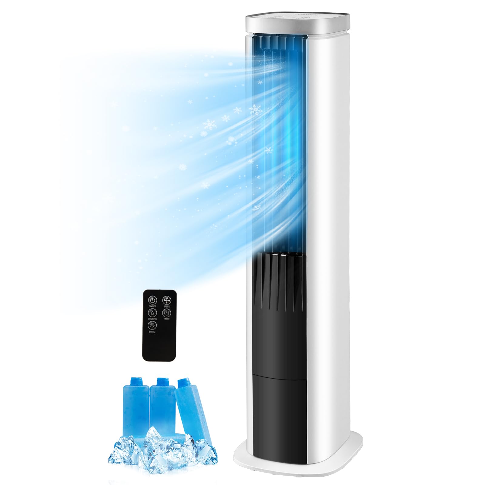 DORTALA Portable Evaporative Air Cooler - 3-in-1 Cooling Tower Fan with Remote Control, 4 Speed Settings, 7H Timer, 4 Ice Packs & 60° Oscillation - Bladeless Swamp Cooler for Home, Office, Bedroom, Dorm - Perfect for Summer Cooling & Indoor Comfort