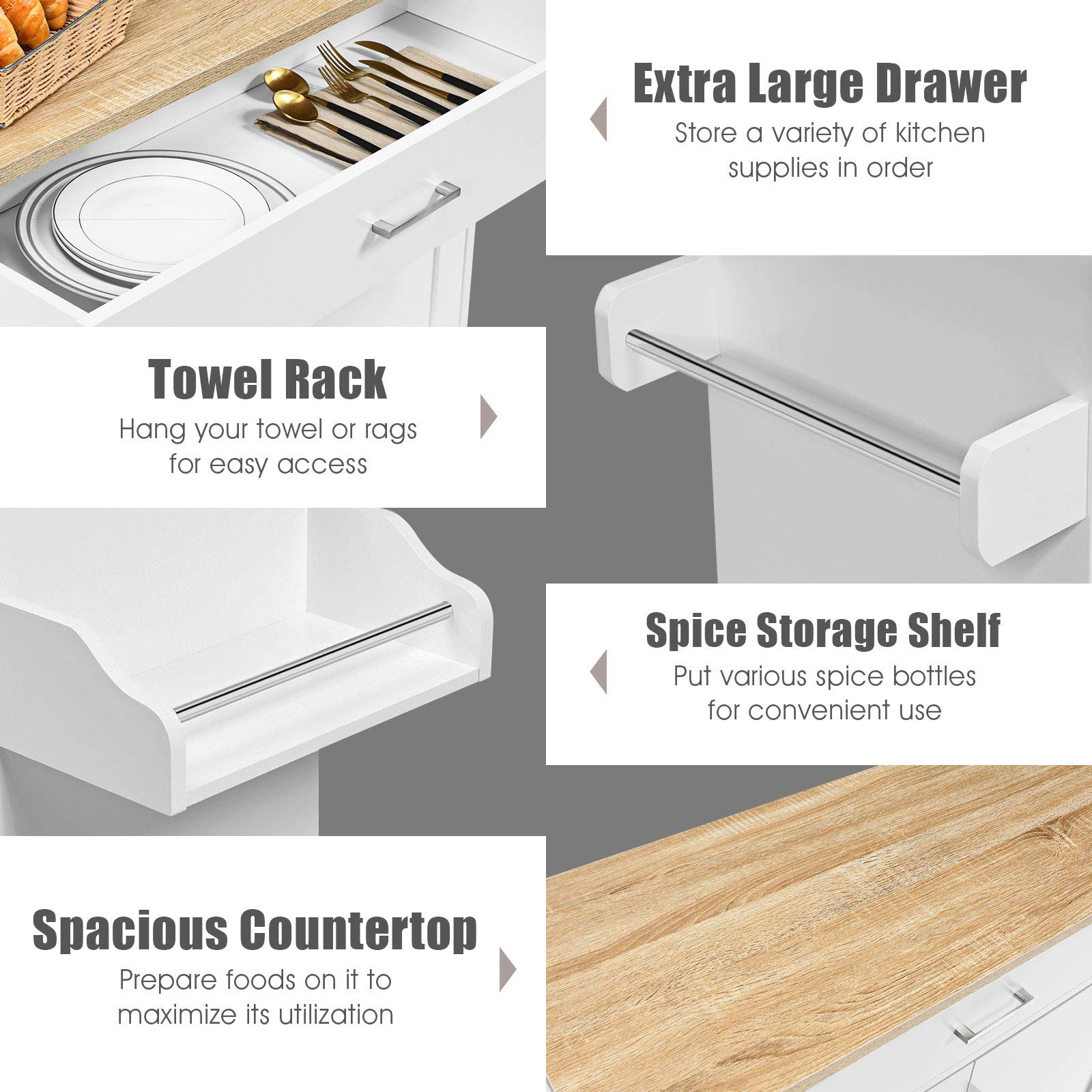 Giantex White Kitchen Island Cart with Spice Rack, Towel Holder, Large Drawer & 2-Door Cabinet - Mobile Kitchen Trolley on Lockable Wheels for Home, Restaurant & Small Space Cooking - Perfect for Meal Prep, Storage & Serving