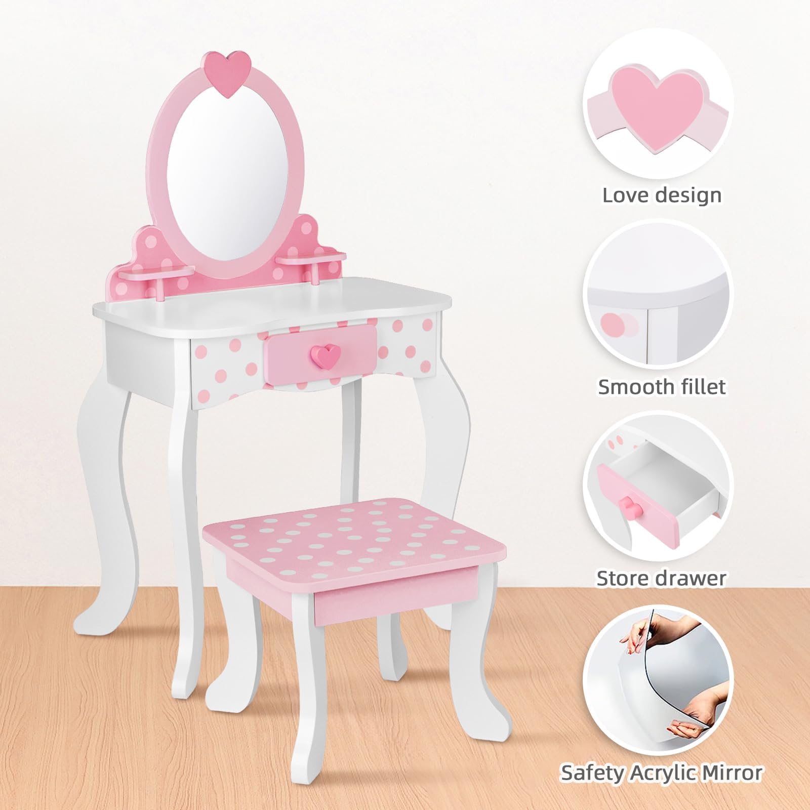 Pink Kids Vanity Set with Mirror & Storage Drawer - 15-Piece Makeup Dressing Table & Chair Set for Girls - Perfect for Pretend Play, Birthday Gifts & Bedroom Decor