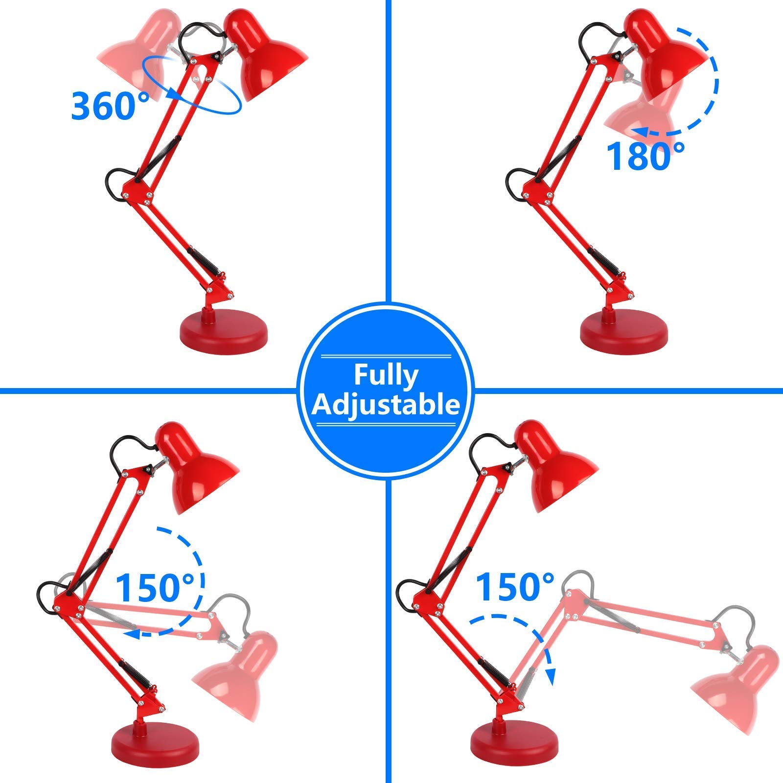 AmeriTop Metal Desk Lamp with Adjustable Goose Neck & 6 Pack 3000K Warm White LED Bulbs - Red Swing Arm Table Lamp with Clamp/Interchangeable Base | Perfect for Home Office, Study Room & Bedside Reading Lighting