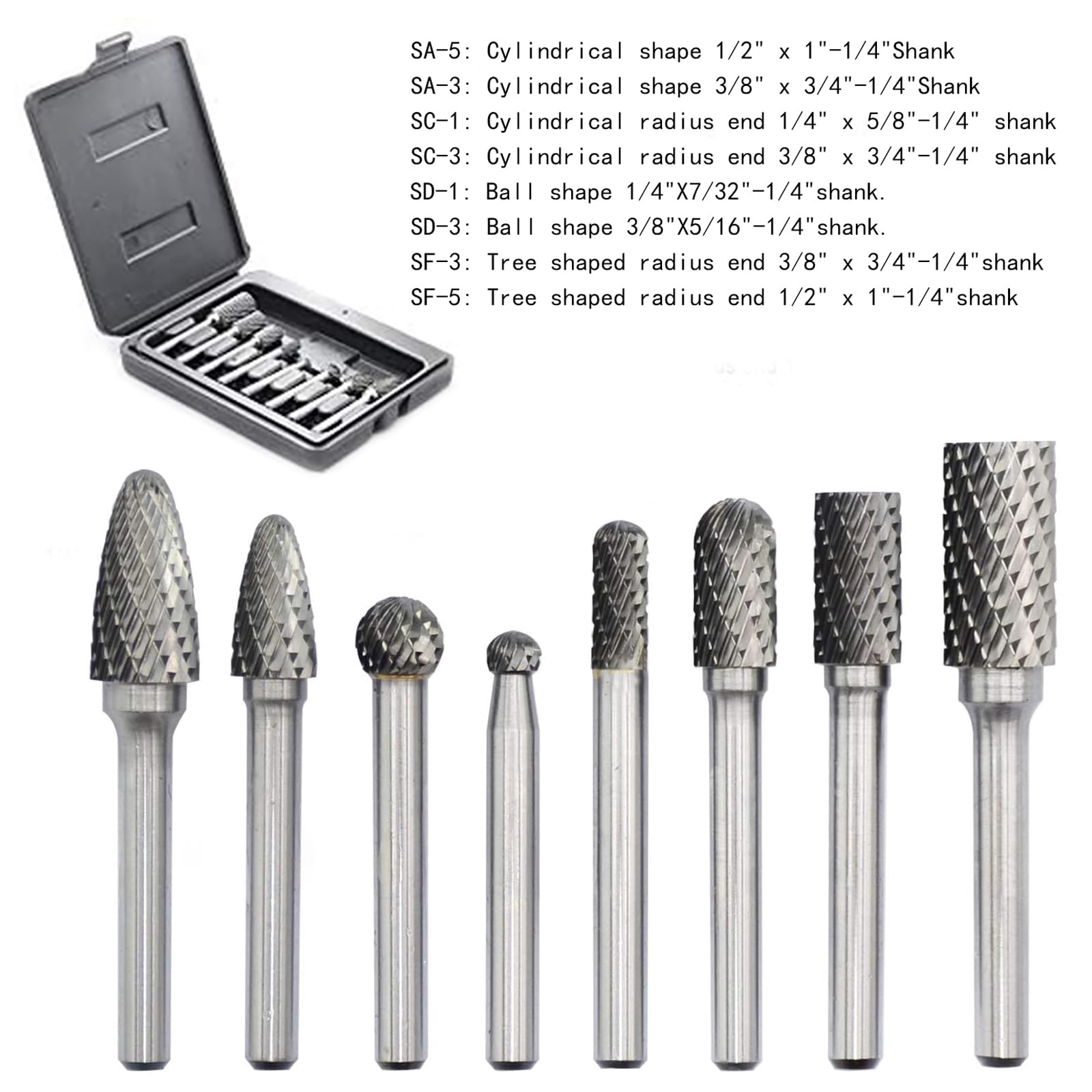 8PCS Carbide Rotary Burr Set 1/4