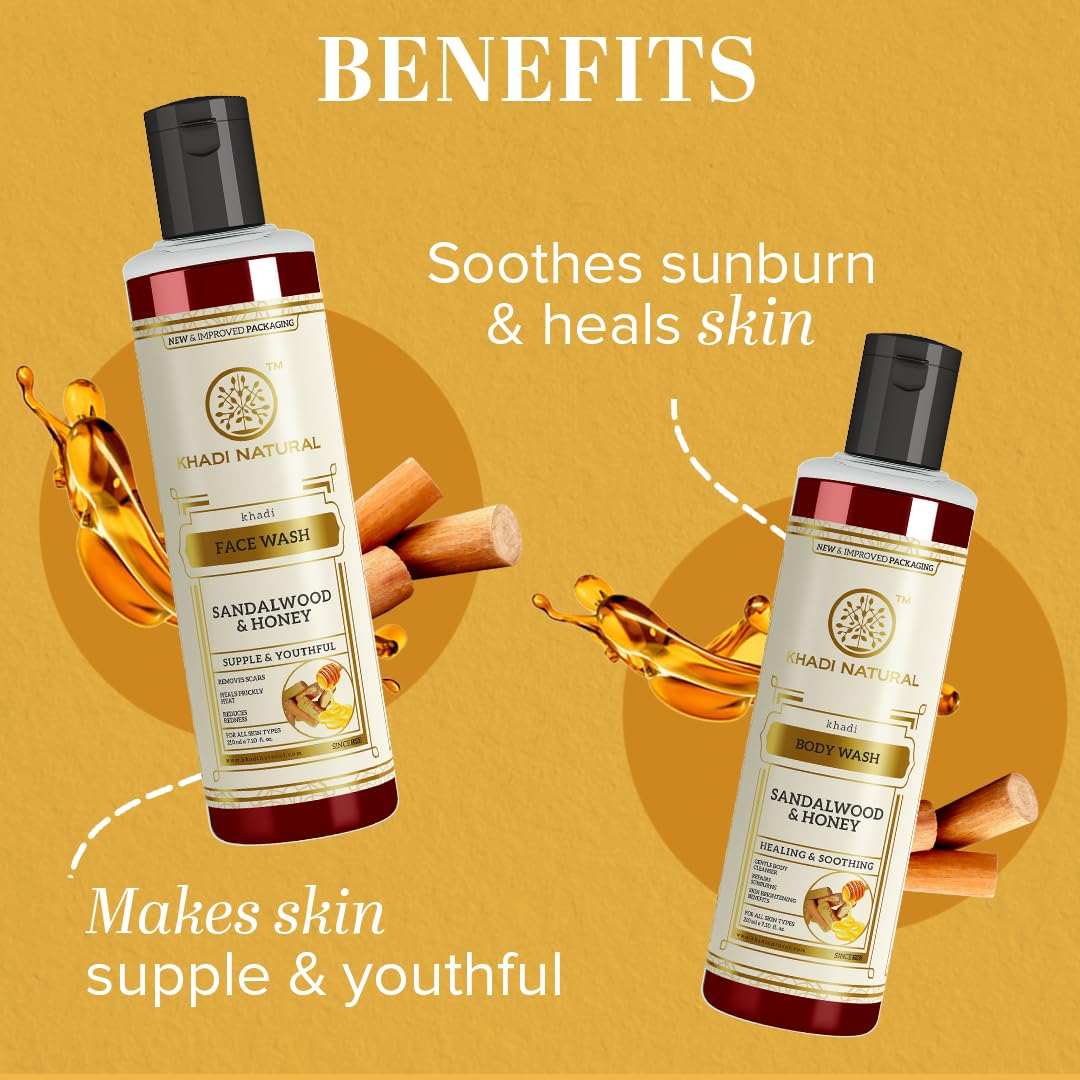 Khadi Natural Sandalwood & Honey Face Wash & Body Wash Combo Set - Controls Excess Oil, Deep Moisturization for Glowing Skin - 210ml Each - Perfect for Daily Skincare & Relaxing Bath Time