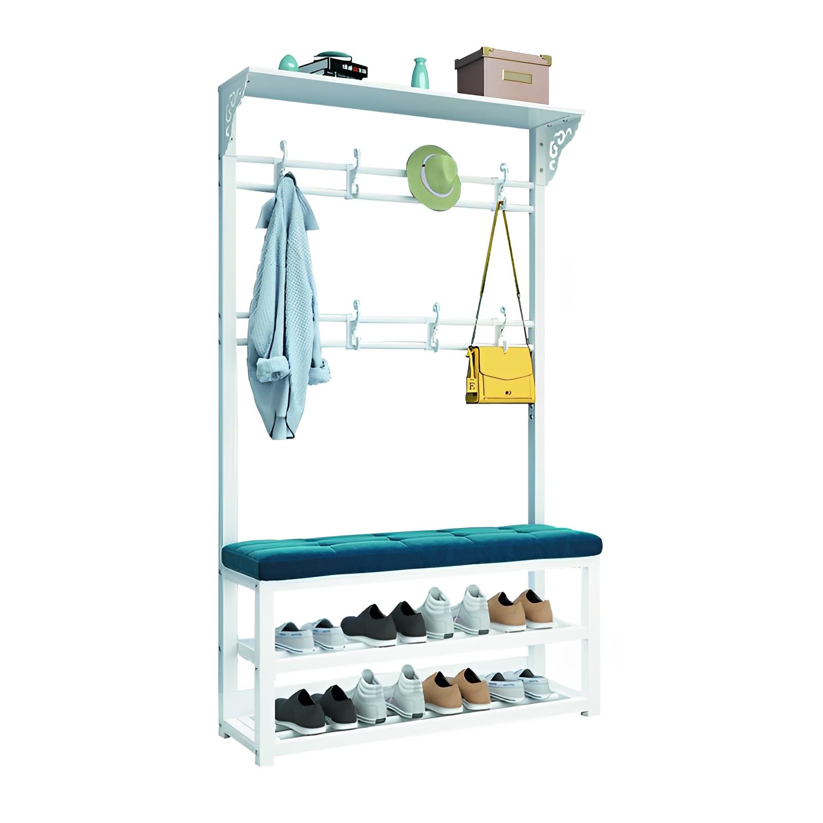 Fizcvky 4-in-1 Entryway Organizer - Metal Hall Tree with Coat Rack, Shoe Storage & Bench, 8 Hooks, White (39.5