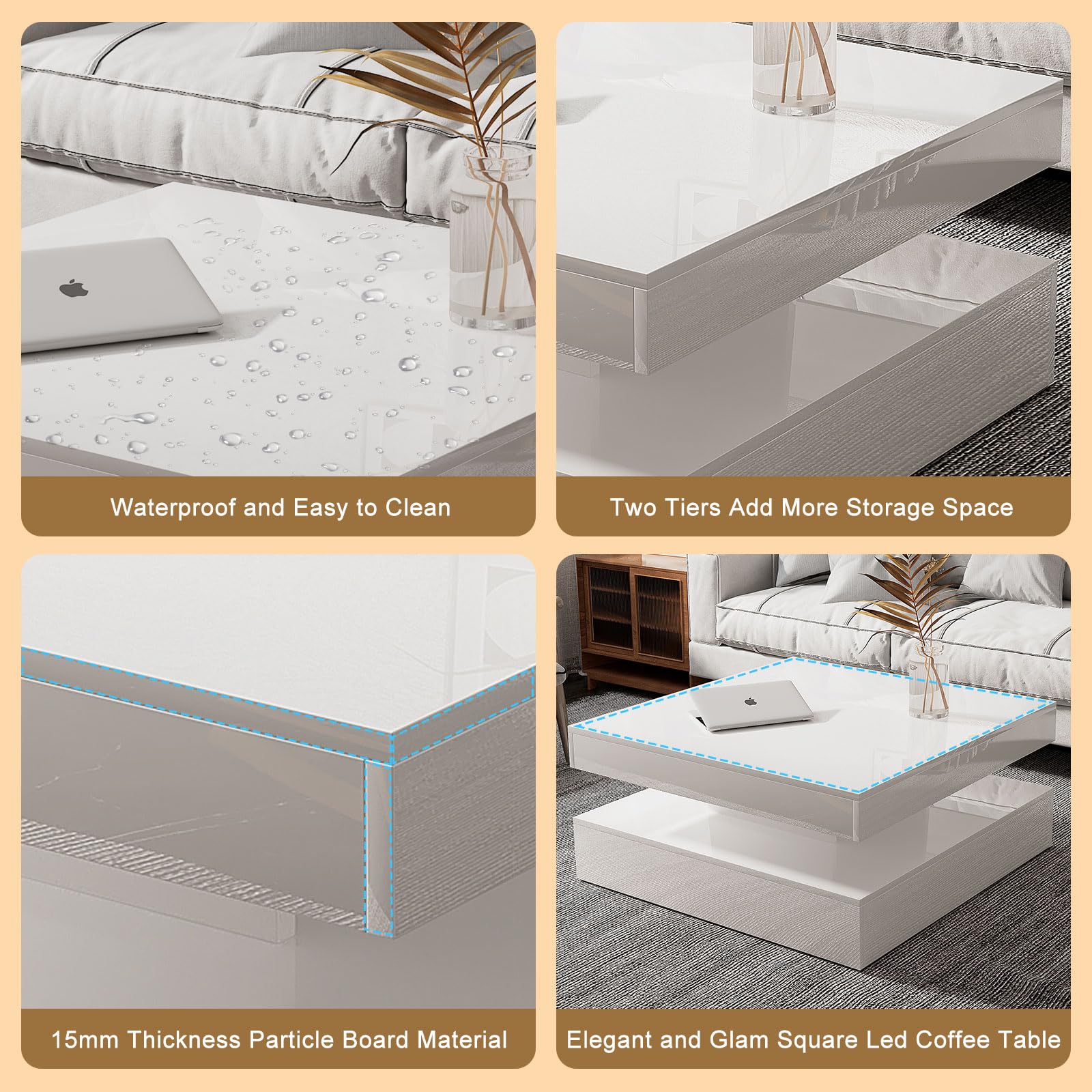 Modern White LED Coffee Table with Storage - 2-Tier Square Living Room Center Table, High Gloss Contemporary Wood Design for Dining & Reception Areas | Perfect for Small Spaces, Apartments and Modern Home Decor