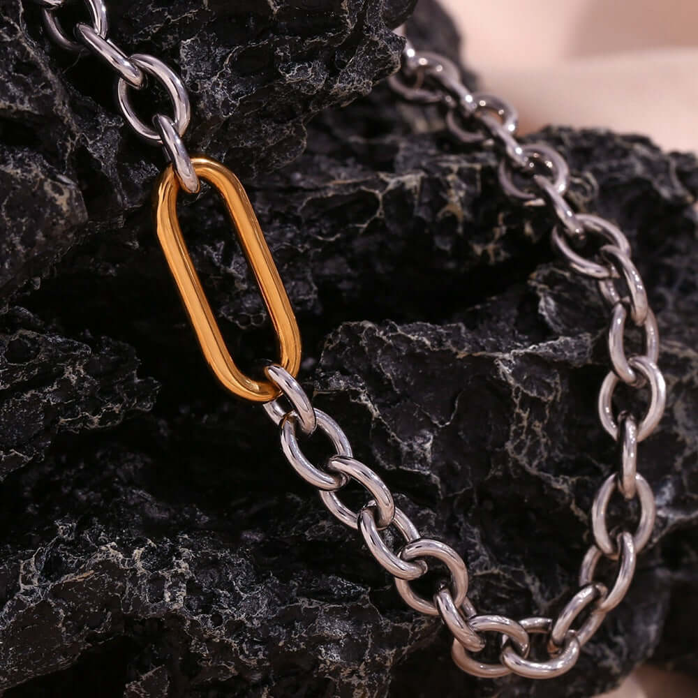 Edgy Two-Tone Paperclip Bold Chain Necklace N0384 | Trendy Layering Jewelry for Women, Perfect for Casual Outfits & Night Out Accessories