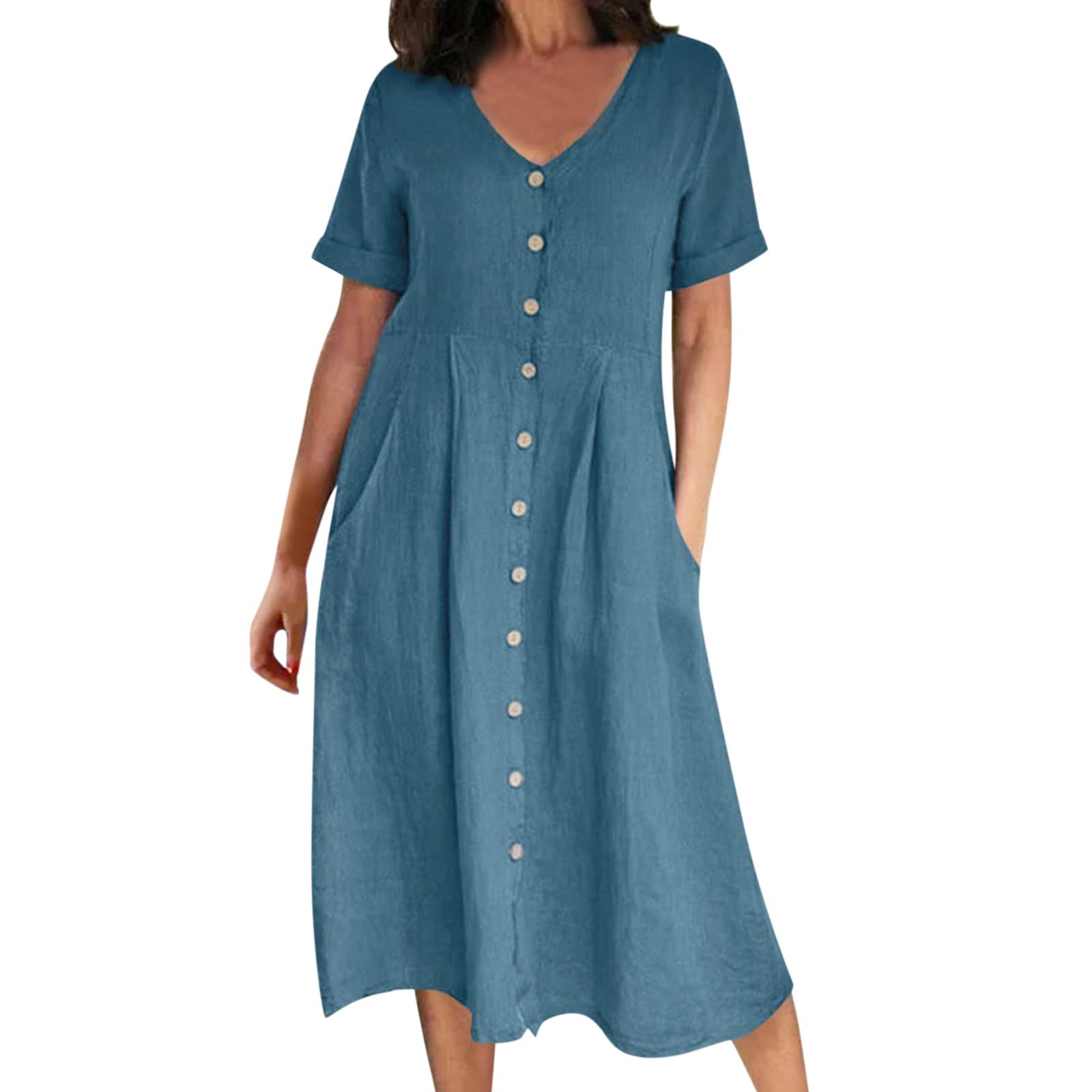 BDDVIQNN Women's Cotton Linen Summer Dress - Long Sleeve Pocket Cocktail Dress for Beach, Party & Casual Wear