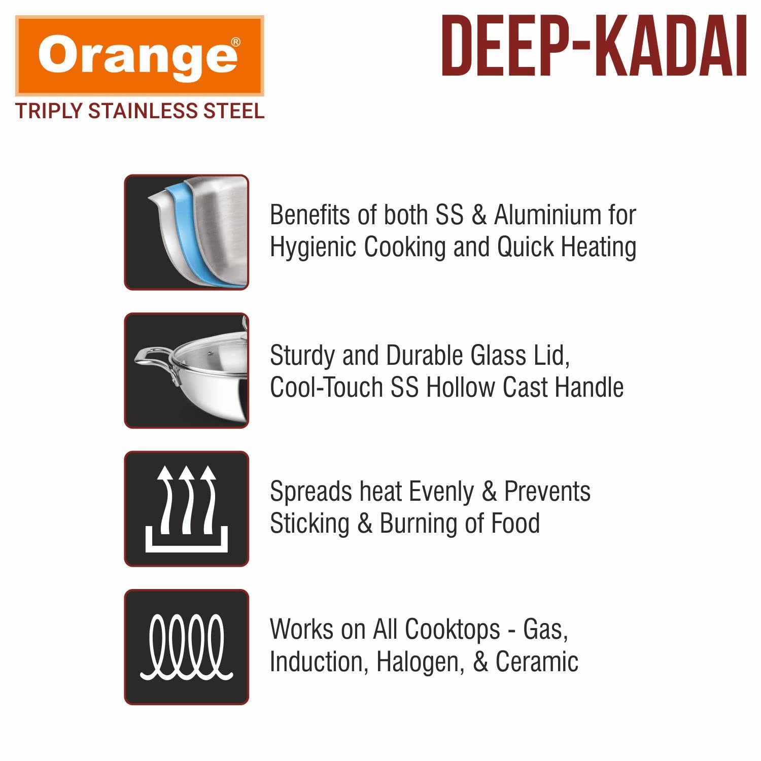 Premium Orange Triply Stainless Steel Cookware Set - 3-Piece Induction Compatible Combo (24cm Deep Kadai, 22cm Fry Pan with Tempered Glass Lid) | Durable & Even Heating | Perfect for Indian Cooking, Stir-Frying & Family Meals