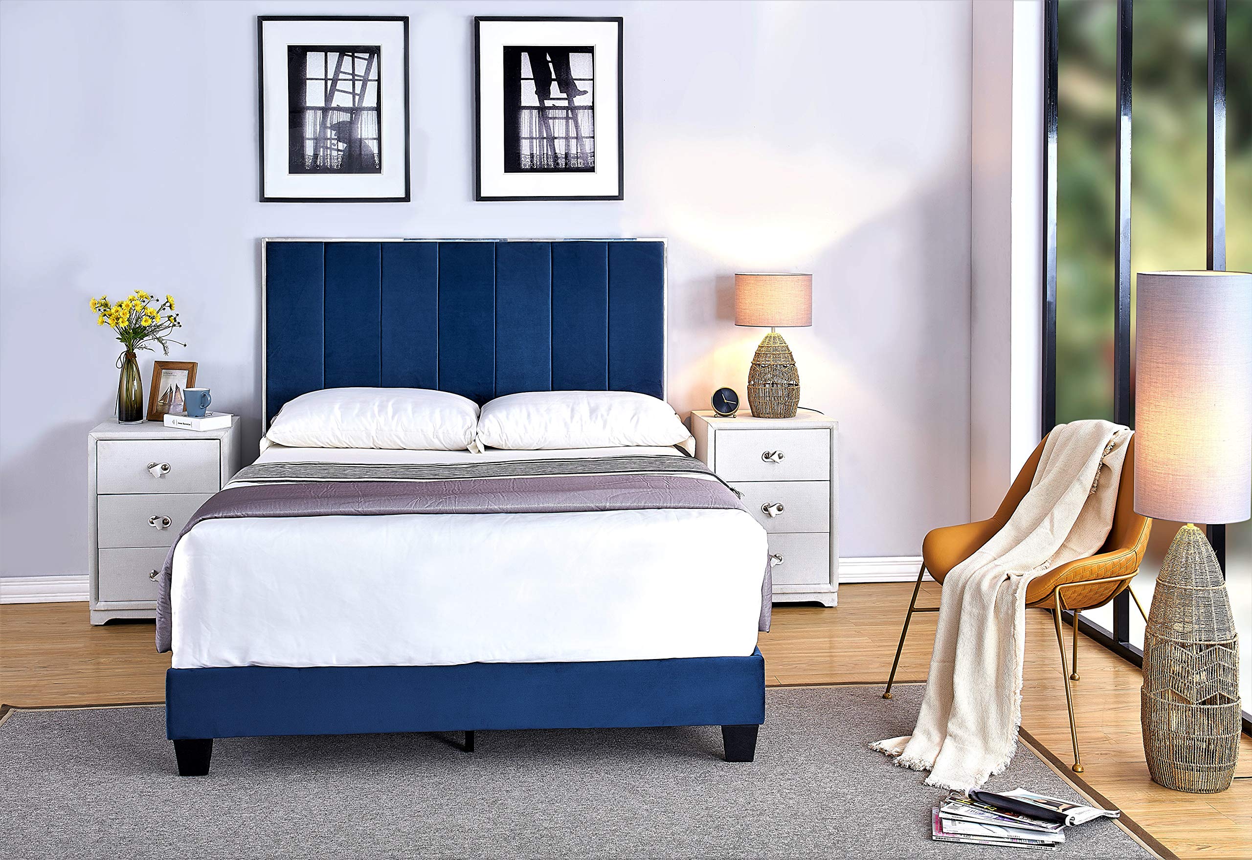 Ronona Mid Century Modern Upholstered Platform Bed Frame - Twin Size 78.25 Inch - Space Blue Fabric - Sturdy Wooden Slats - Noise Free Assembly - Perfect for Small Bedrooms & Guest Rooms