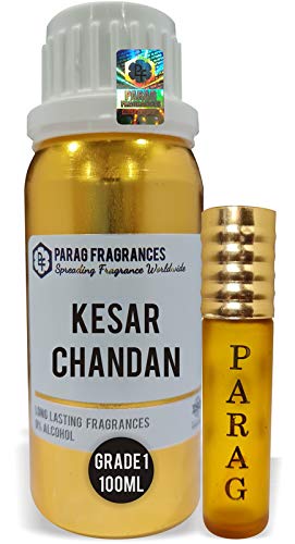 Premium Kesar Chandan 100ml Natural Attar Perfume Oil - Alcohol-Free Grade 1 Essential Oil for Clothes, Religious Ceremonies & Cosmetics Making - Includes Empty Fancy Bottles - Perfect for Aromatherapy, Meditation & Gift Giving